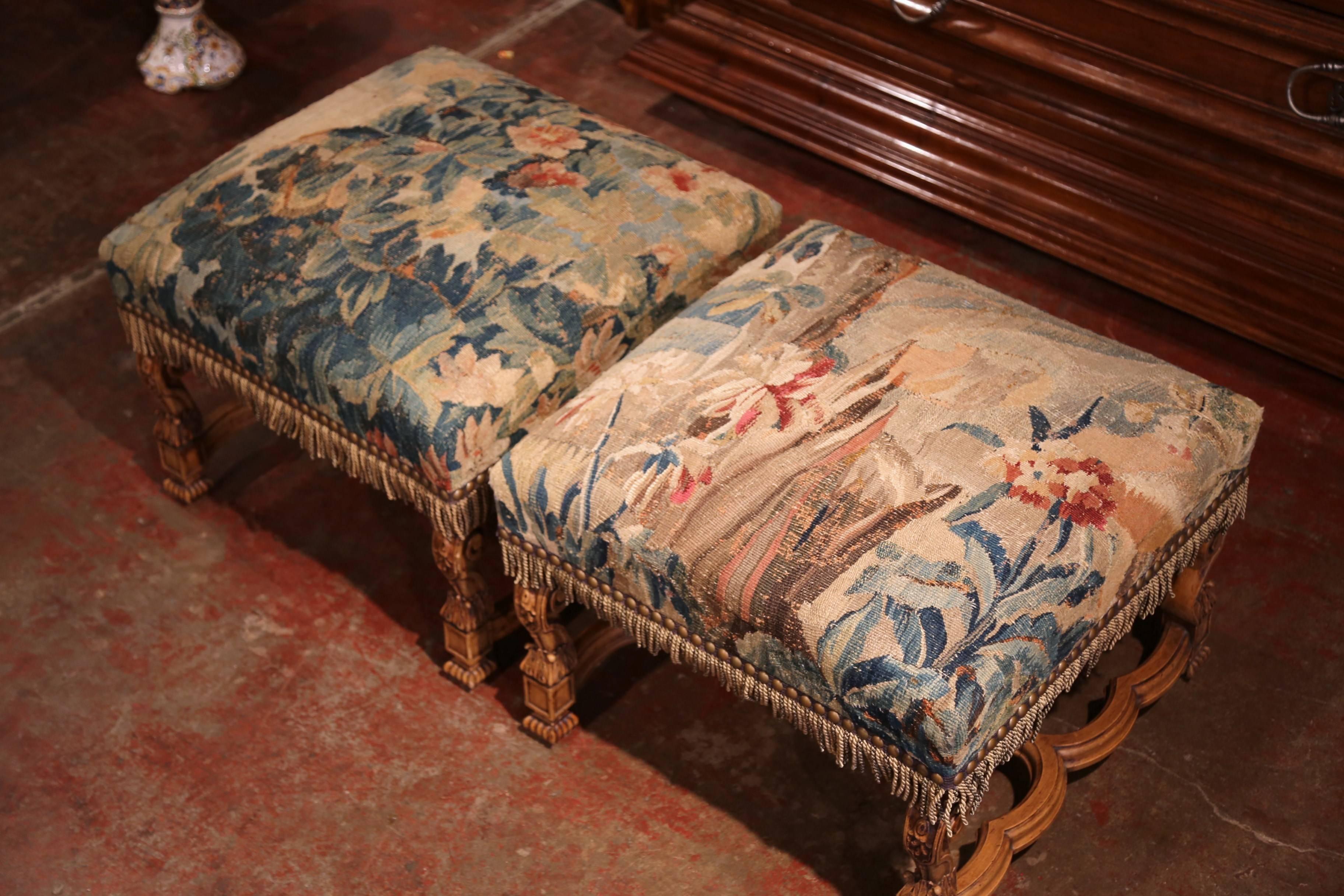 Patinated Pair of 19th Century French Louis XIV Carved Walnut Aubusson Stools