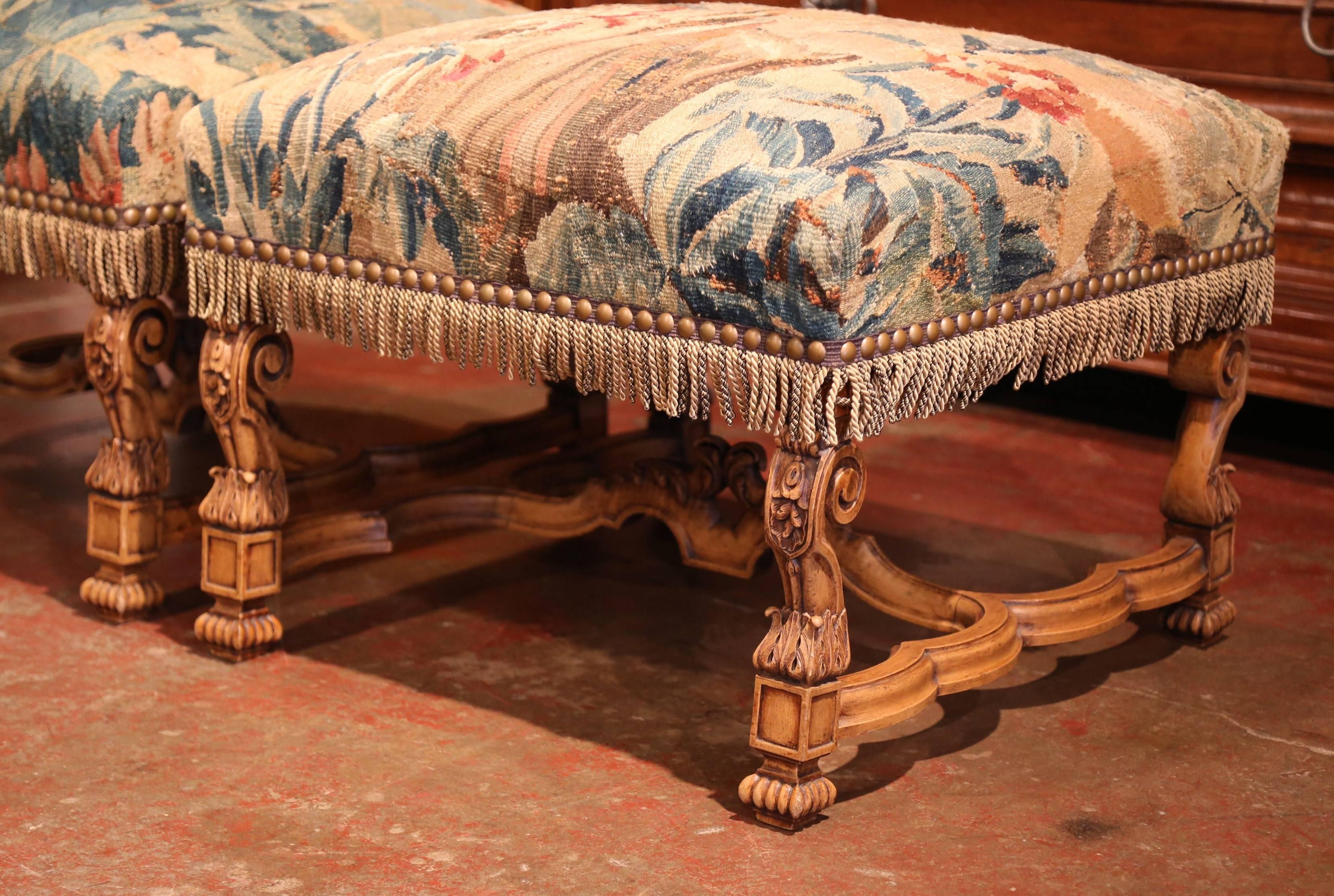 Pair of 19th Century French Louis XIV Carved Walnut Aubusson Stools In Excellent Condition In Dallas, TX