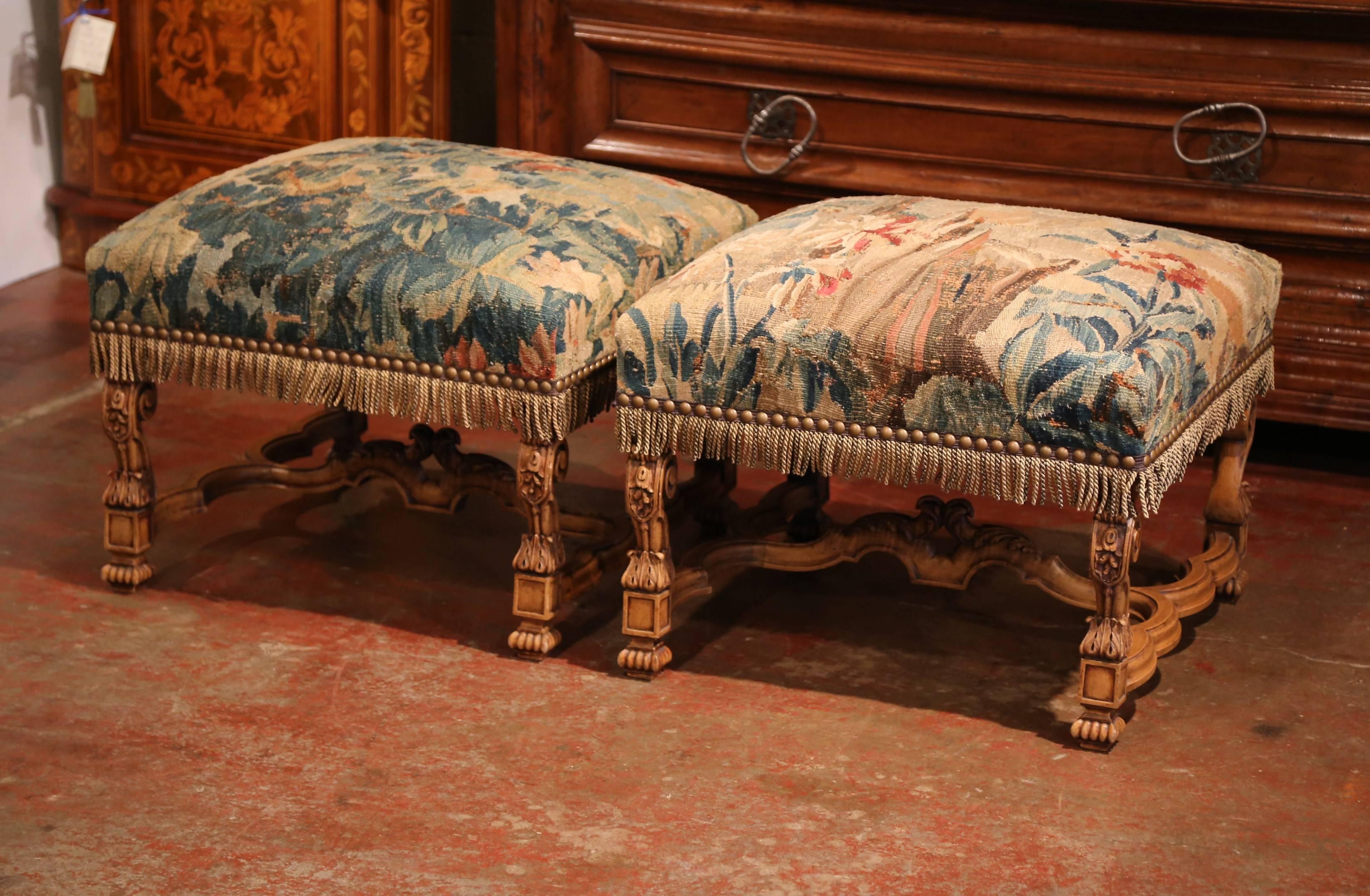 Tapestry Pair of 19th Century French Louis XIV Carved Walnut Aubusson Stools