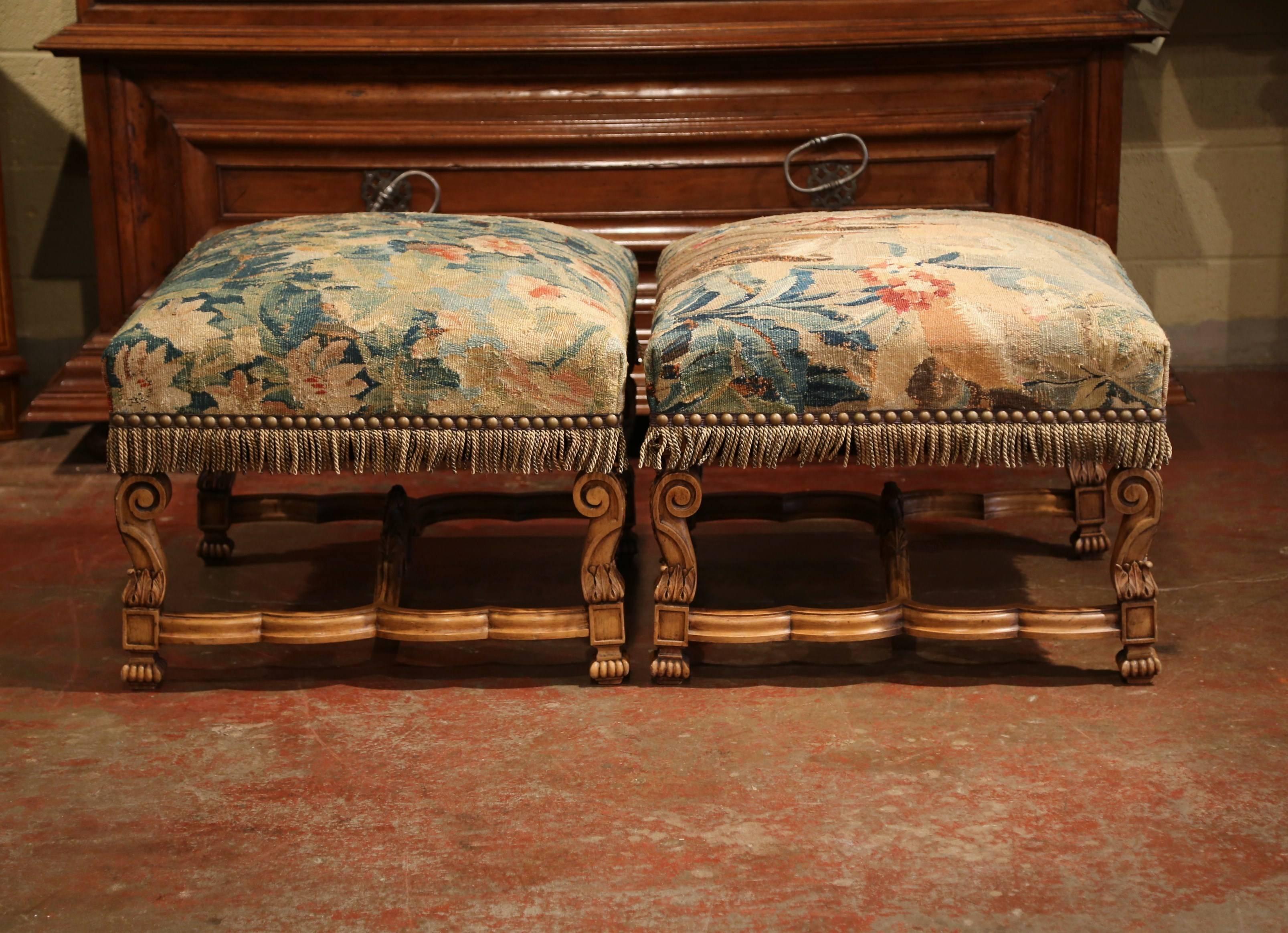 Pair of 19th Century French Louis XIV Carved Walnut Aubusson Stools 1