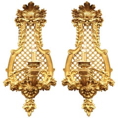Important Pair of 19th Century French Louis XV Bronze Dore Ornate Sconces