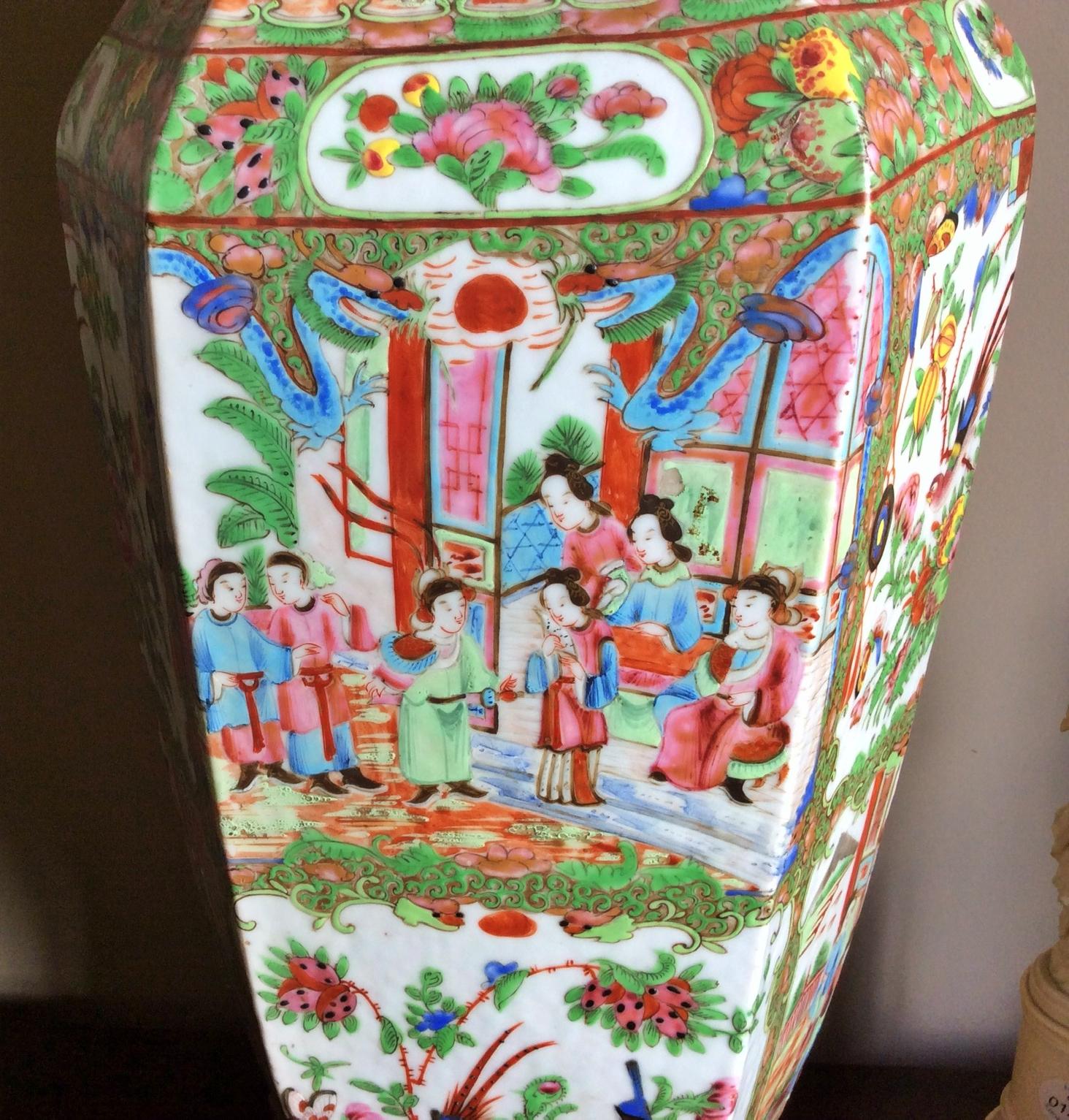 Chinese Export Important Pair of 19th Century Mandarin Cap Hexagon Vases