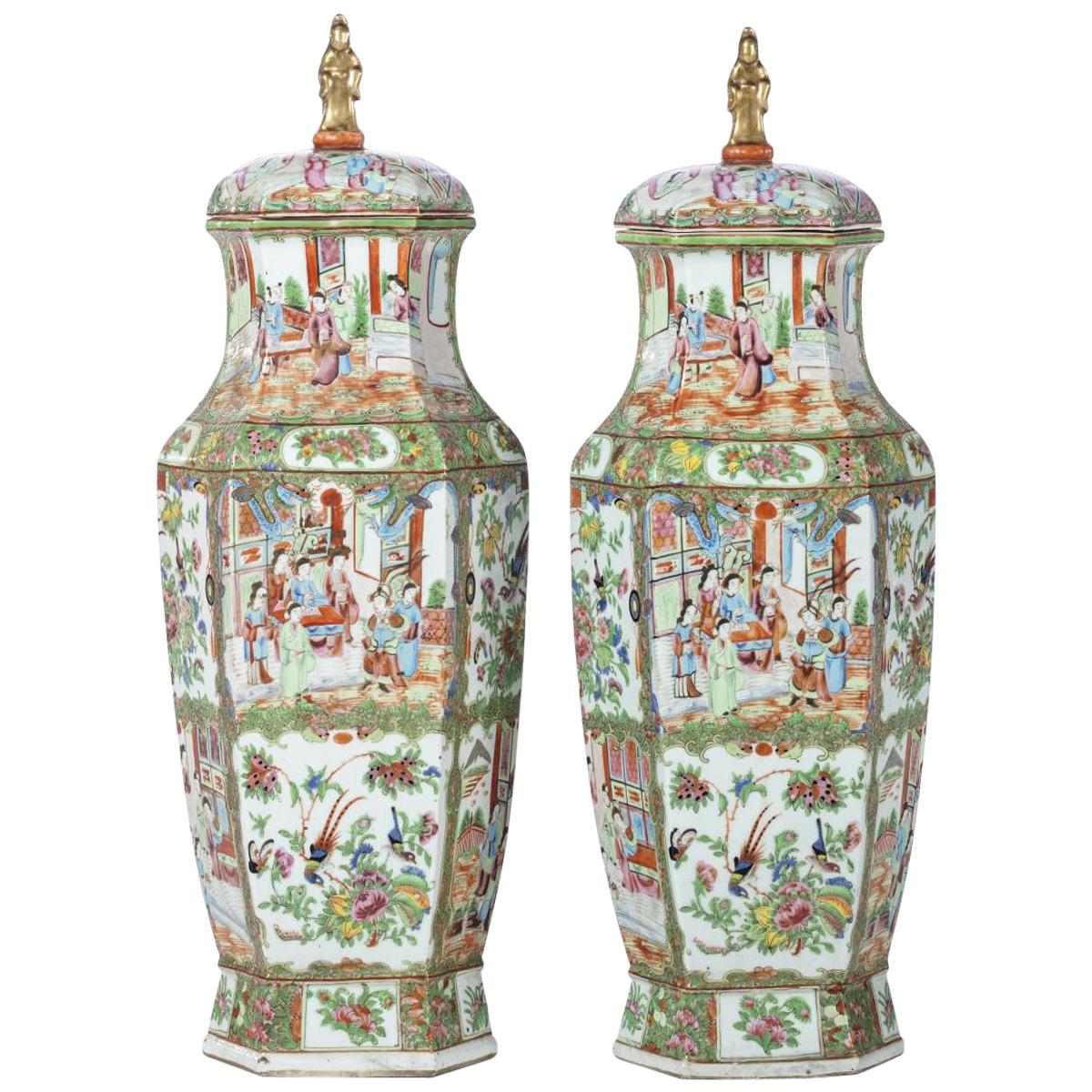 Important Pair of 19th Century Mandarin Cap Hexagon Vases
