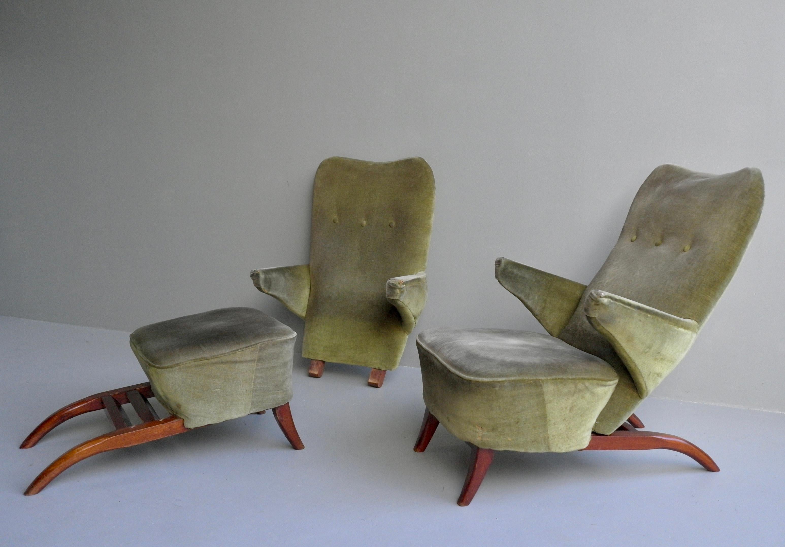 Velvet Important pair of 1st edition early Congo Arm Chairs by Theo Ruth, Artifort 1948 For Sale