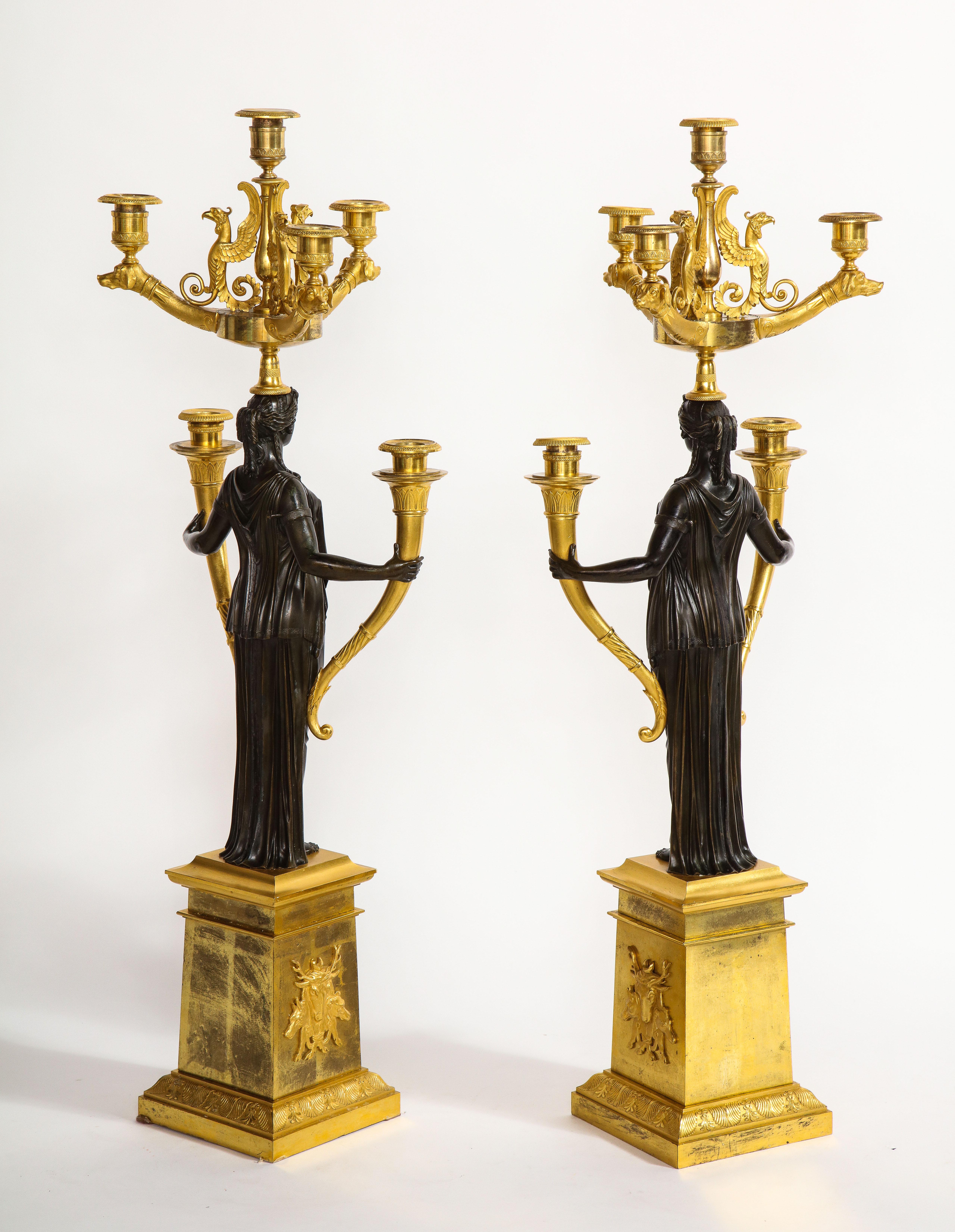 Important Pair of 1st Period French Empire Pat. & Dore Bronze 6-Light Candelabra In Good Condition For Sale In New York, NY
