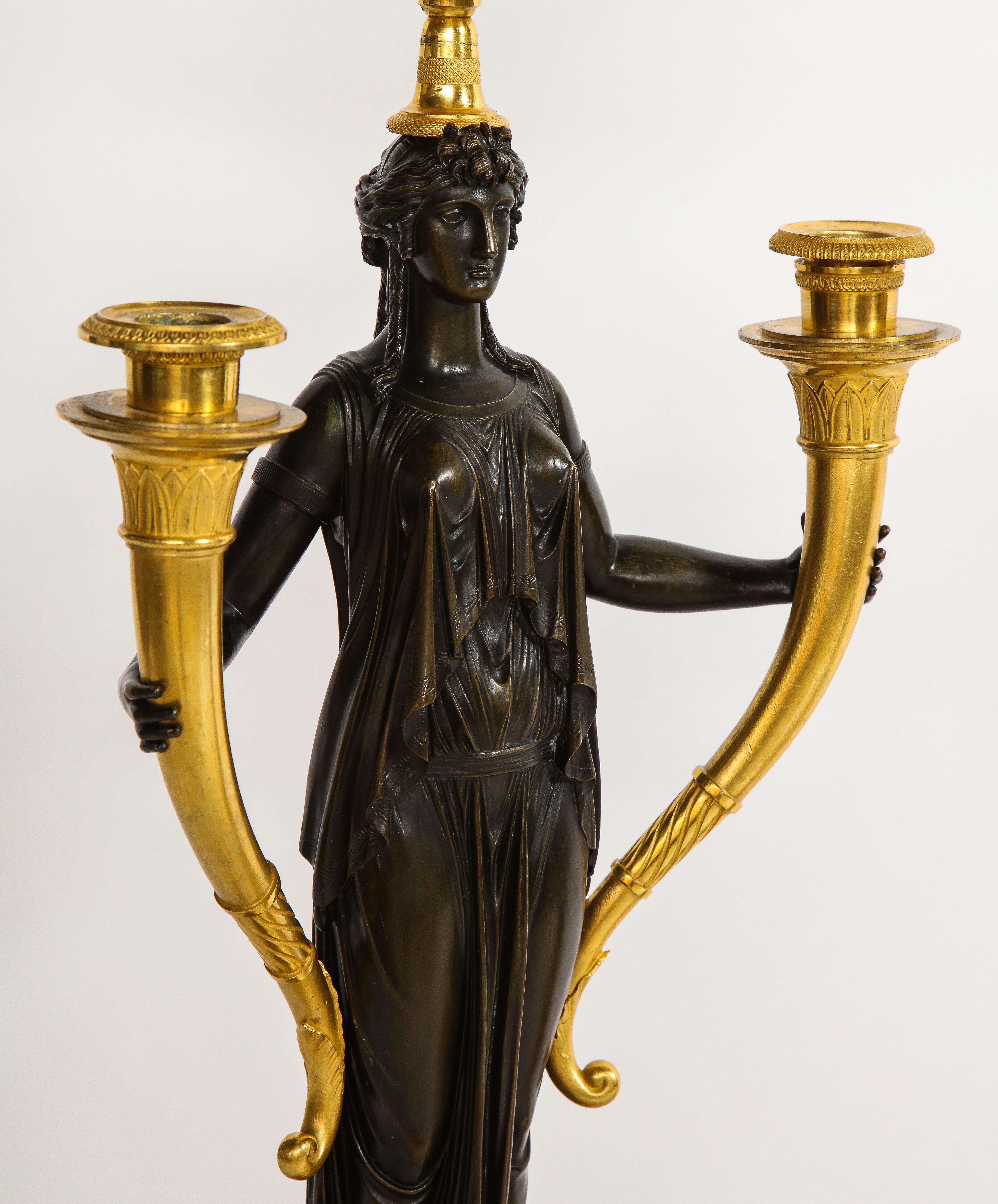 Early 19th Century Important Pair of 1st Period French Empire Pat. & Dore Bronze 6-Light Candelabra For Sale
