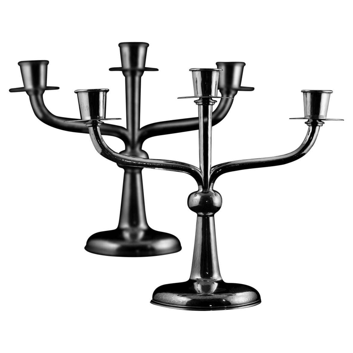 Important Pair of 3-Flame Candlesticks in 925 Silver, Germany, 1930 For Sale