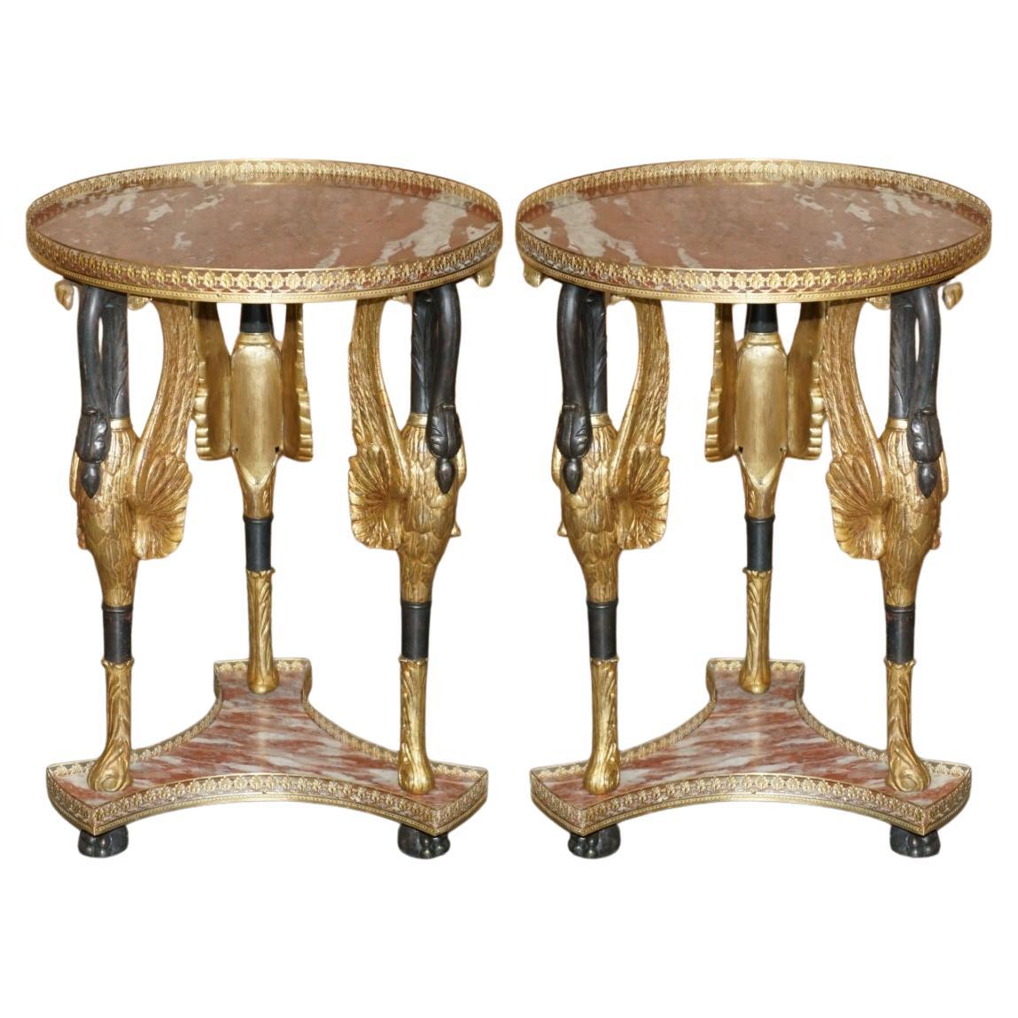 IMPORTANT PAiR OF ANTIQUE FRENCH EMPIRE BRASS BRONZE & MARBLE GUERIDON TABLES