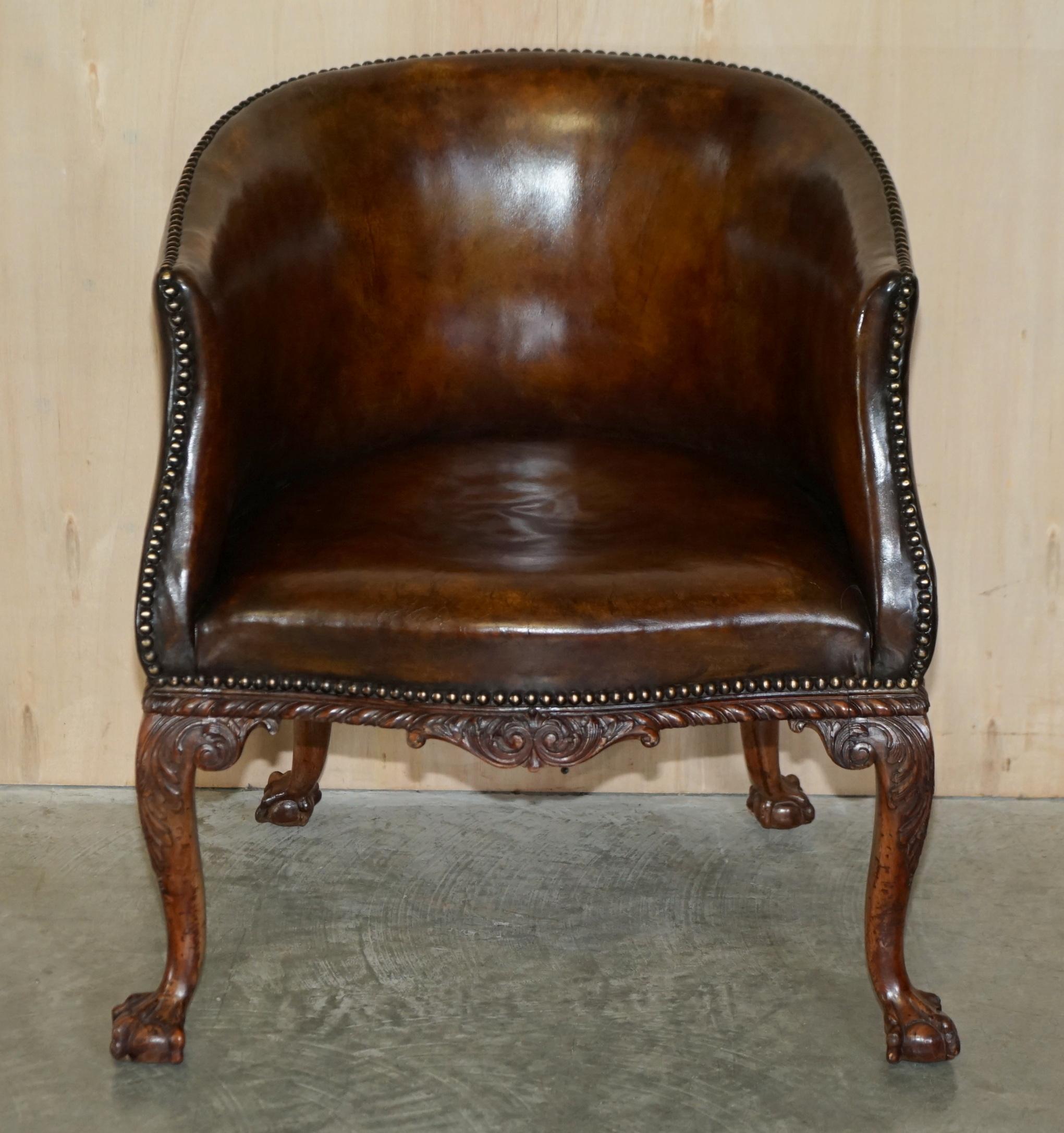 Georgian Important Pair of Antique Thomas Chippendale Carved Claw & Ball Tub Armchairs For Sale