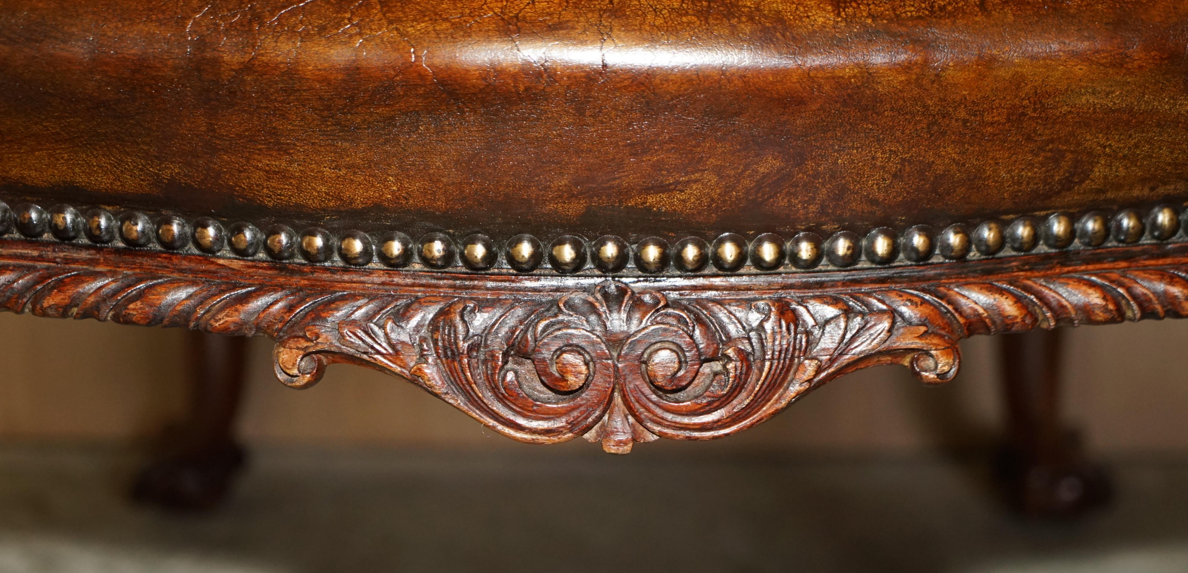 Leather Important Pair of Antique Thomas Chippendale Carved Claw & Ball Tub Armchairs For Sale