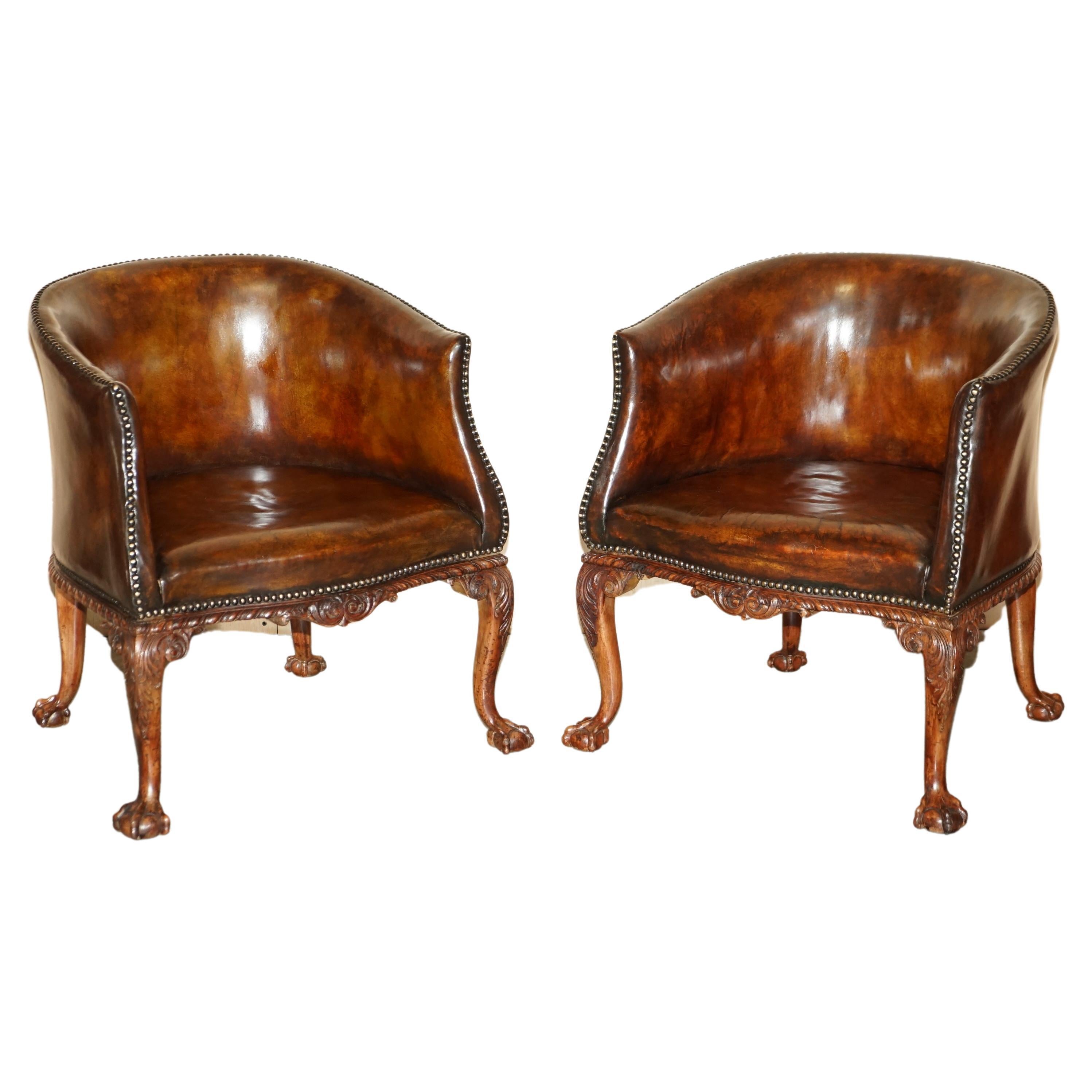 Important Pair of Antique Thomas Chippendale Carved Claw & Ball Tub Armchairs For Sale