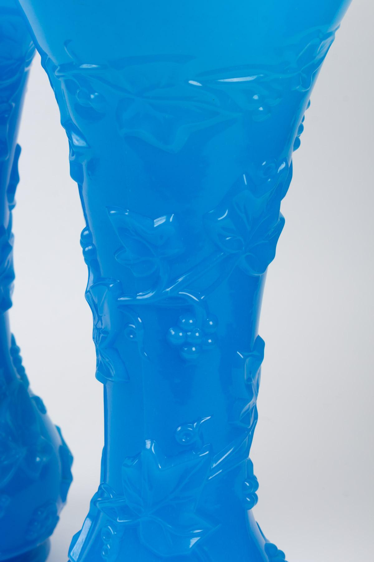 European Important Pair of Blue Opaline Vases