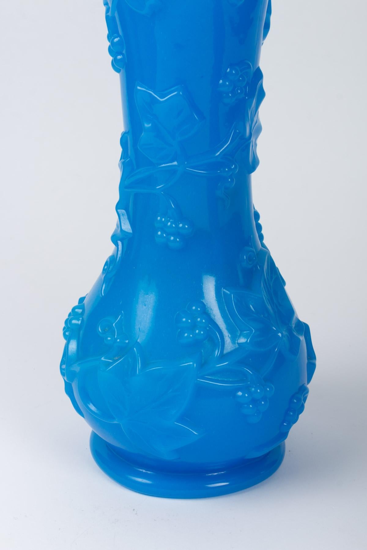 Opaline Glass Important Pair of Blue Opaline Vases