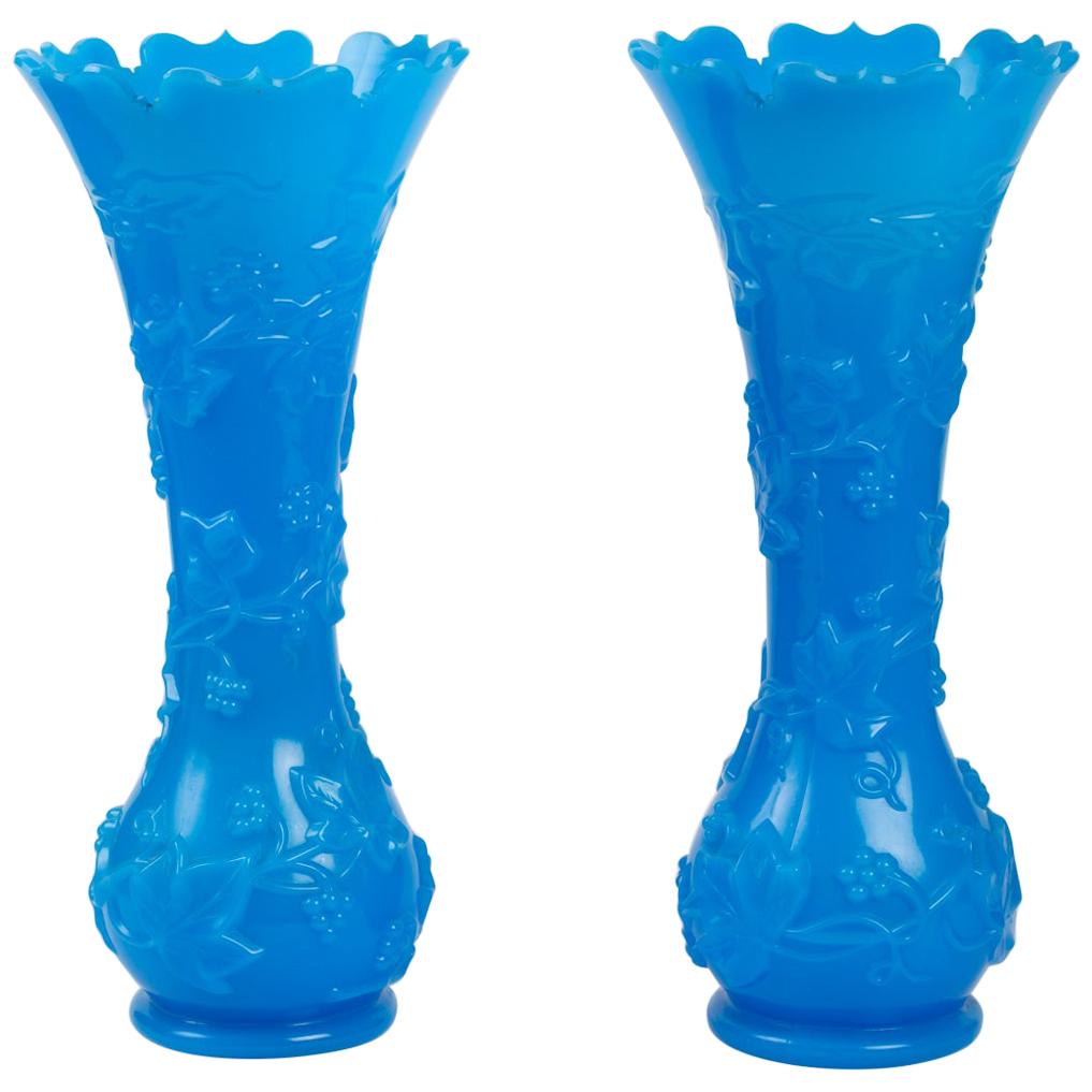 Important Pair of Blue Opaline Vases