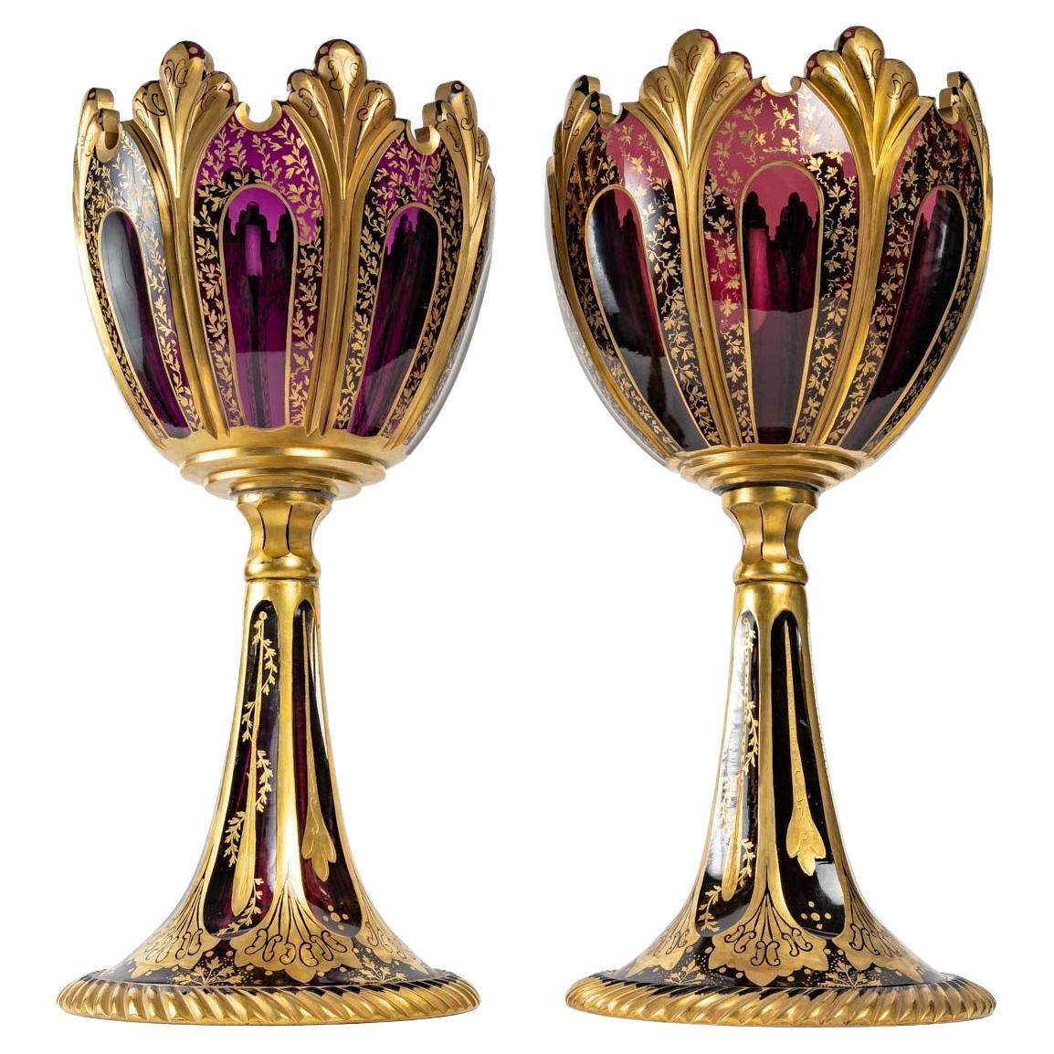 Important Pair of Bohemian Goblets, 19th Century For Sale