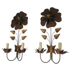 Important Pair of Brass Flowers Wall Lights, French Work, Circa 1970