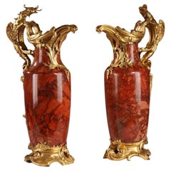 Antique Important Pair of "Breche sanguine" Ewers by Maison Millet, France, Circa 1880