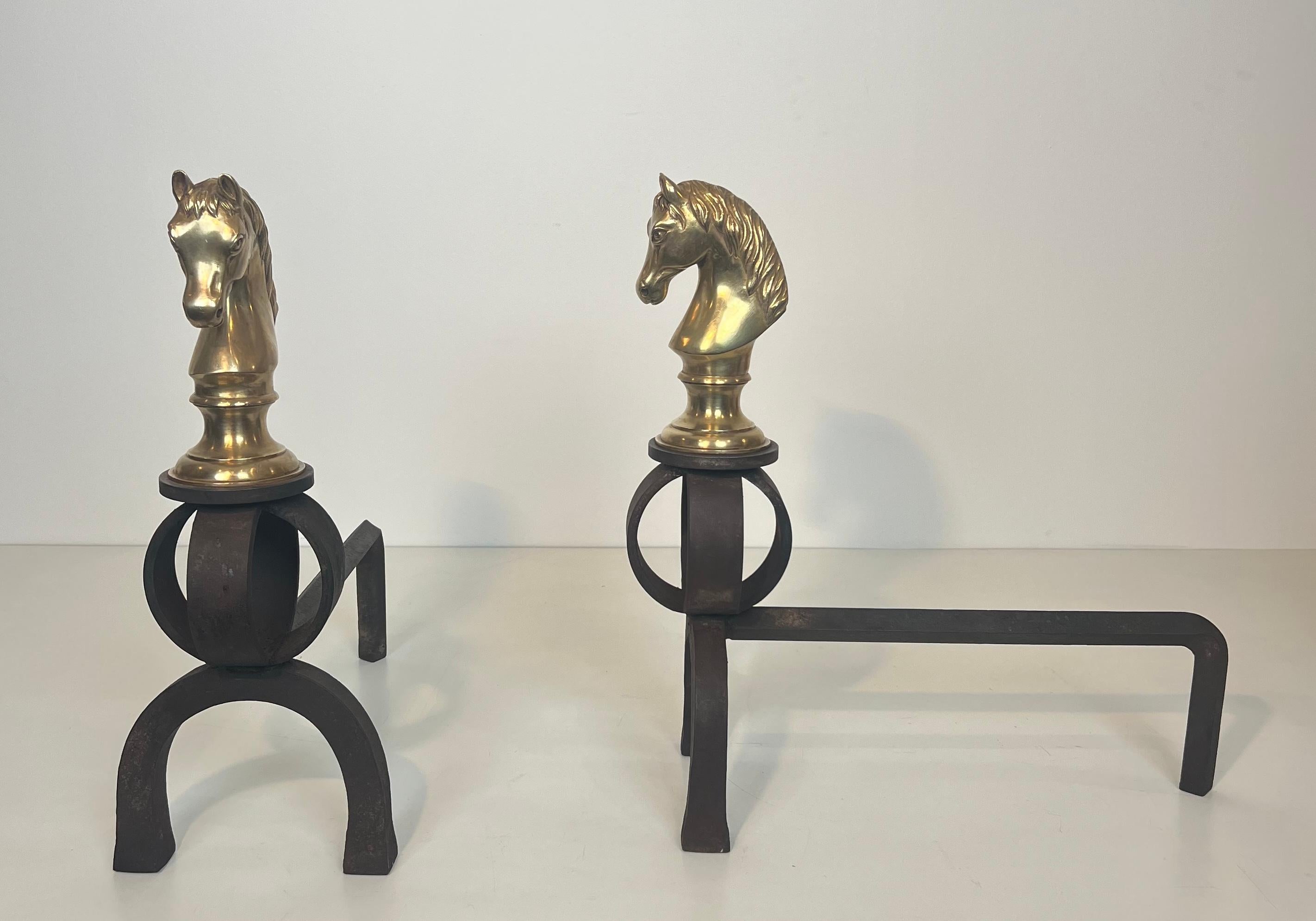 Questa coppia di androni molto bella e decorativa è realizzata in ferro battuto con teste di cavallo in bronzo finemente cesellate. Questi androni erano di proprietà del famoso proprietario di cavalli Fistok. Questa è un'opera francese. Circa 1900