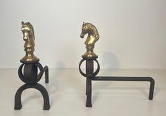 Important Pair of Bronze and Wrought Iron Andirons Representing Horse Heads