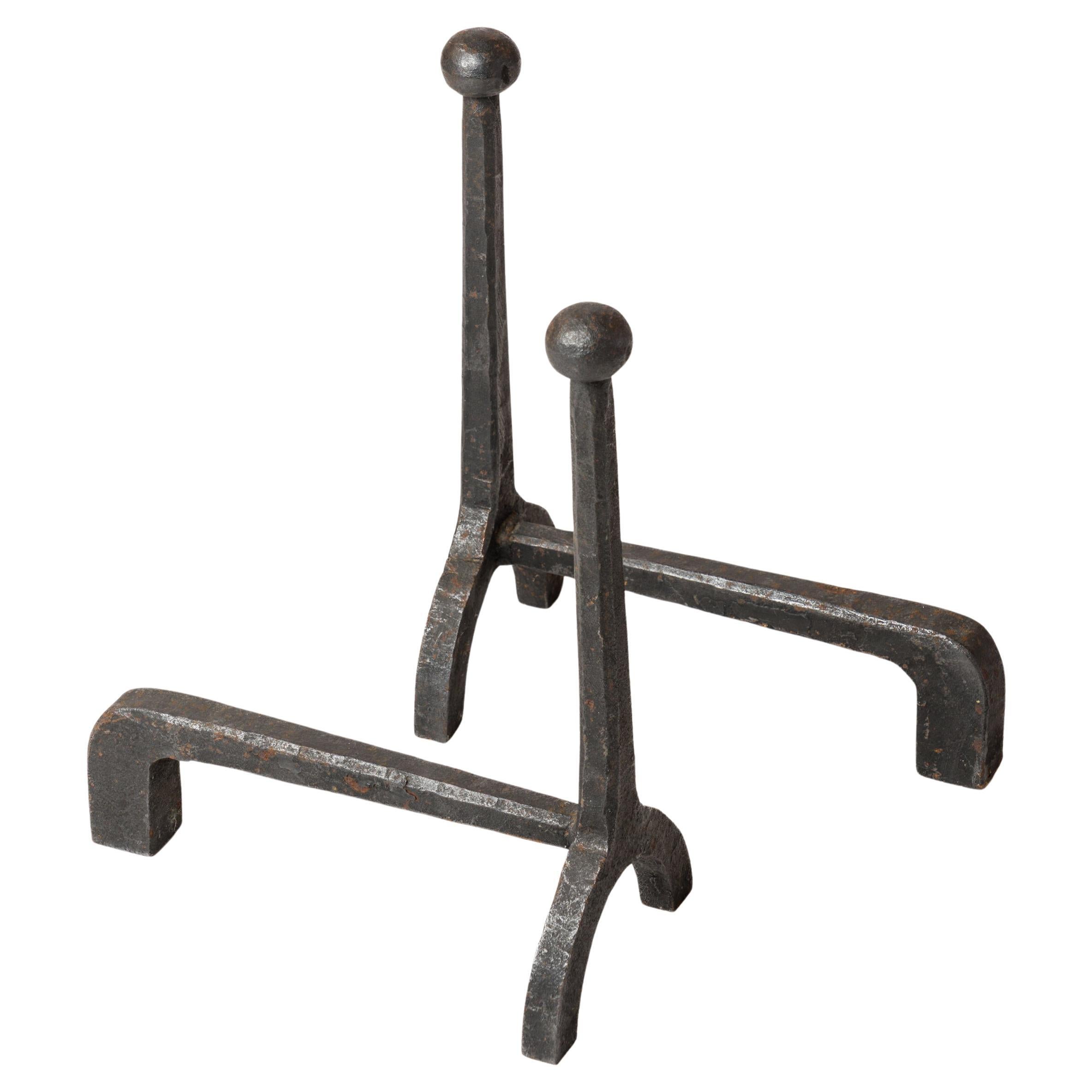 Important Pair of Brutalist "Martelé" Wrought Iron Andirons - France 1970s