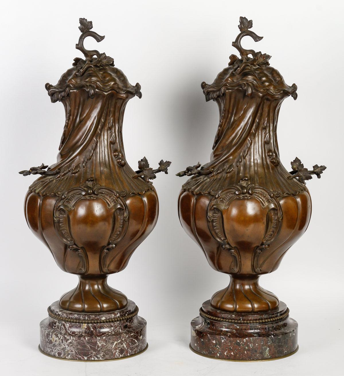 Patinated Important Pair of Cassolettes in the Louis XV Style, 19th Century. For Sale