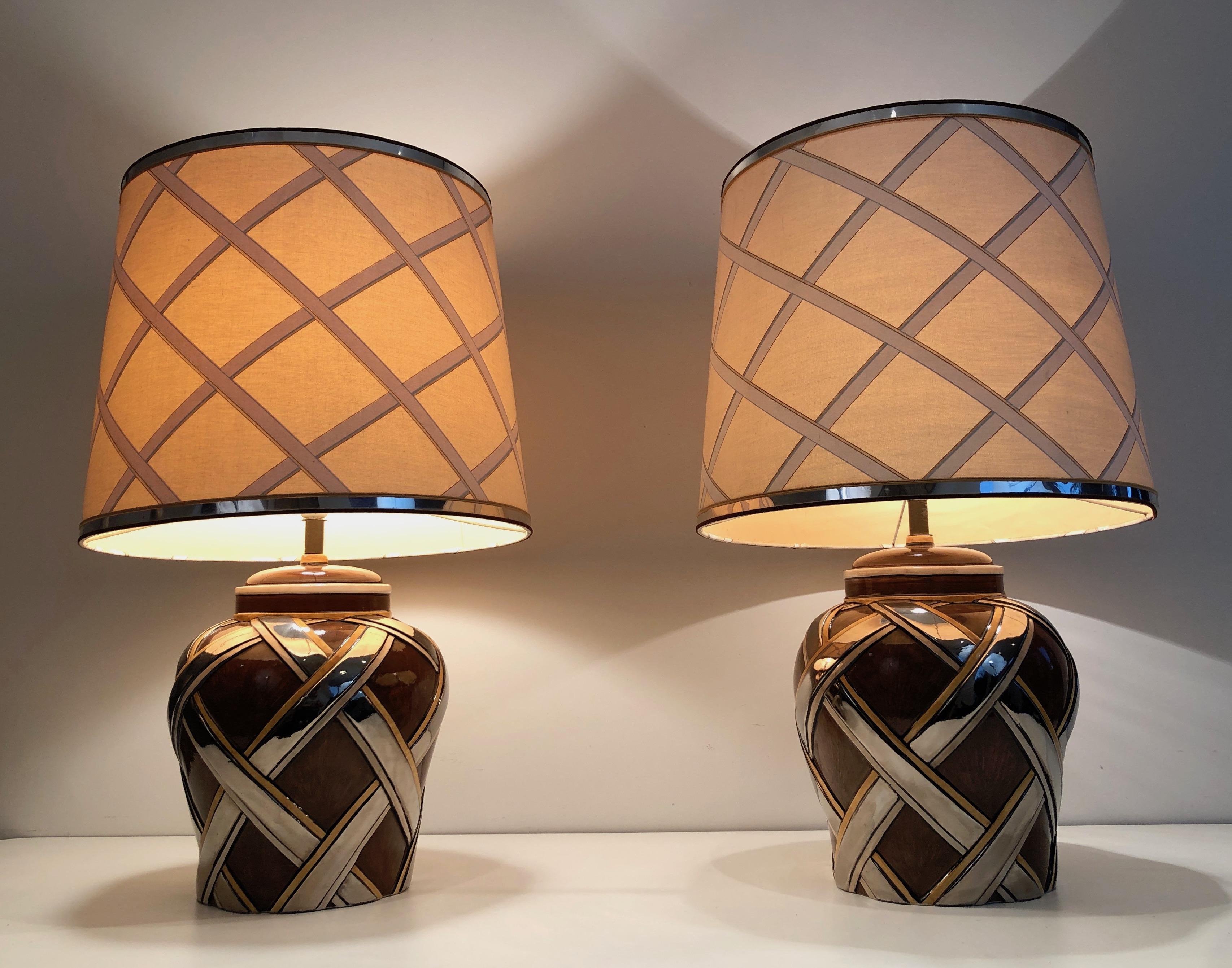 Important Pair of Ceramic Lamps with Ribbons Decor, French, Circa 1970 For Sale 14