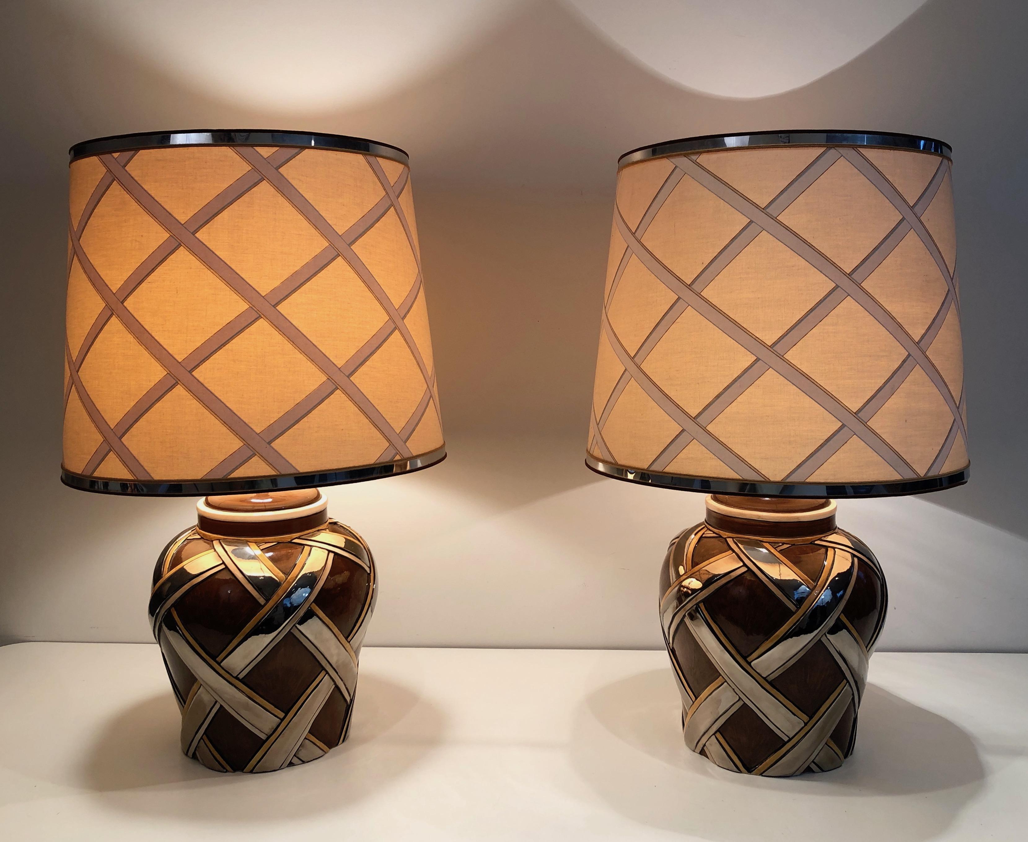 Important Pair of Ceramic Lamps with Ribbons Decor, French, Circa 1970 For Sale 15