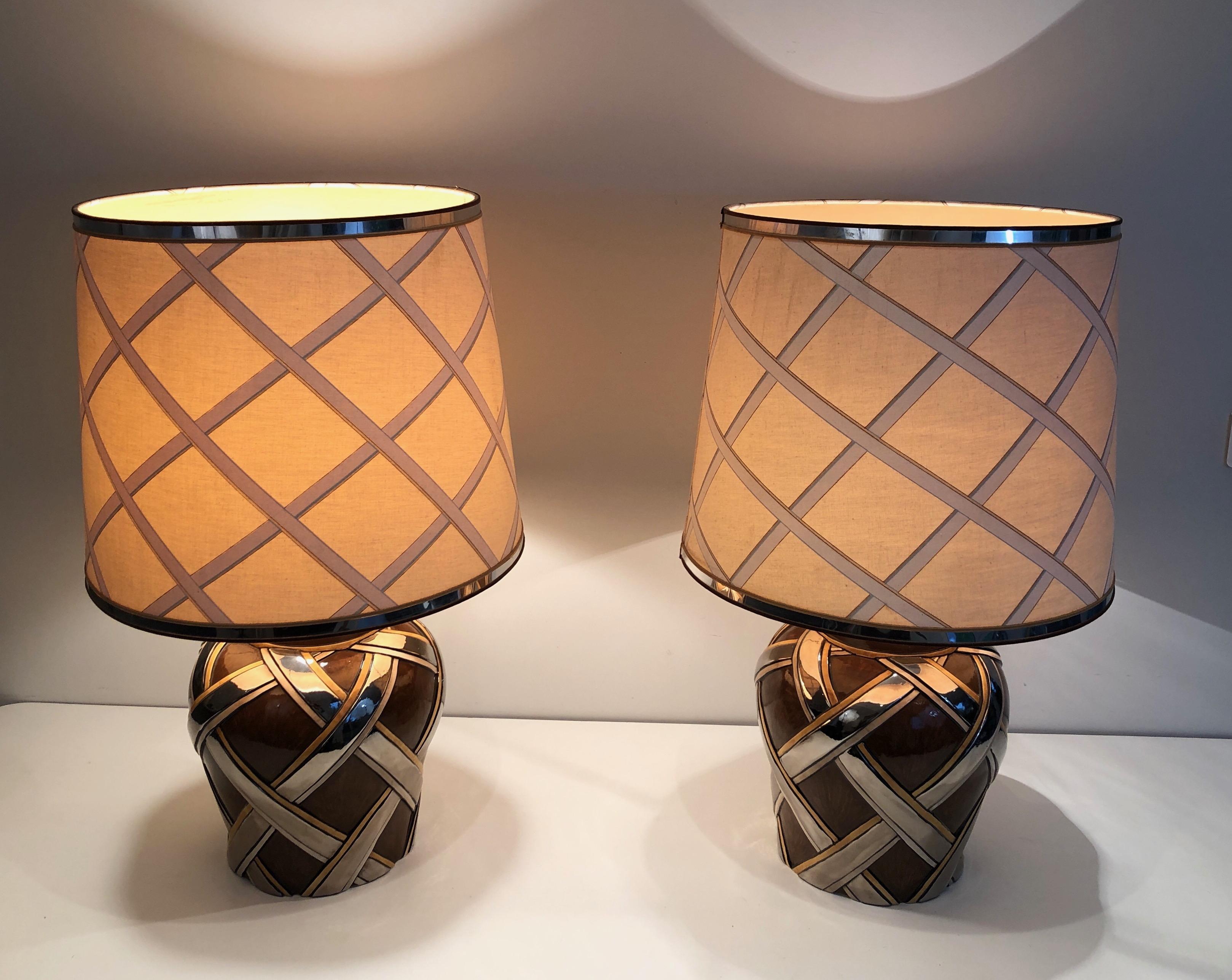 Mid-Century Modern Important Pair of Ceramic Lamps with Ribbons Decor, French, Circa 1970 For Sale