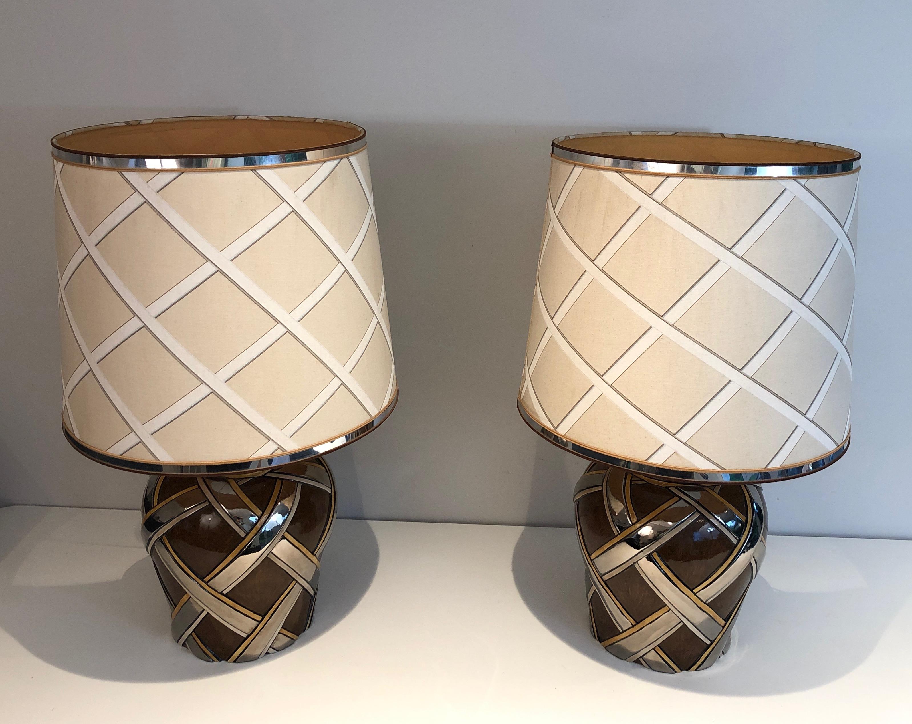 Late 20th Century Important Pair of Ceramic Lamps with Ribbons Decor, French, Circa 1970 For Sale