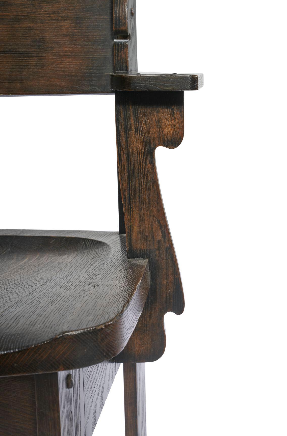 Early 20th Century Important Pair of Charles Rohlfs Stained Oak Armchairs, Signed and Dated 1904 For Sale