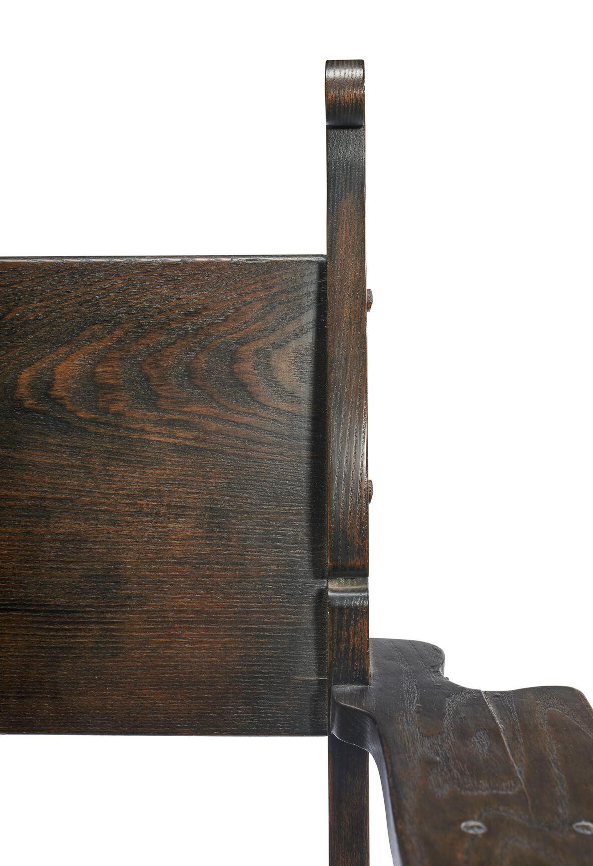 Important Pair of Charles Rohlfs Stained Oak Armchairs, Signed and Dated 1904 For Sale 2