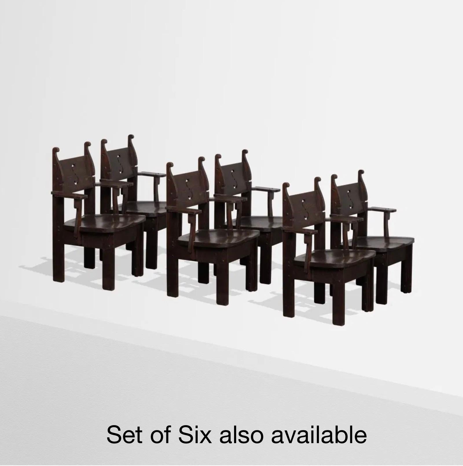 Important Pair of Charles Rohlfs Stained Oak Armchairs, Signed and Dated 1904 For Sale 4