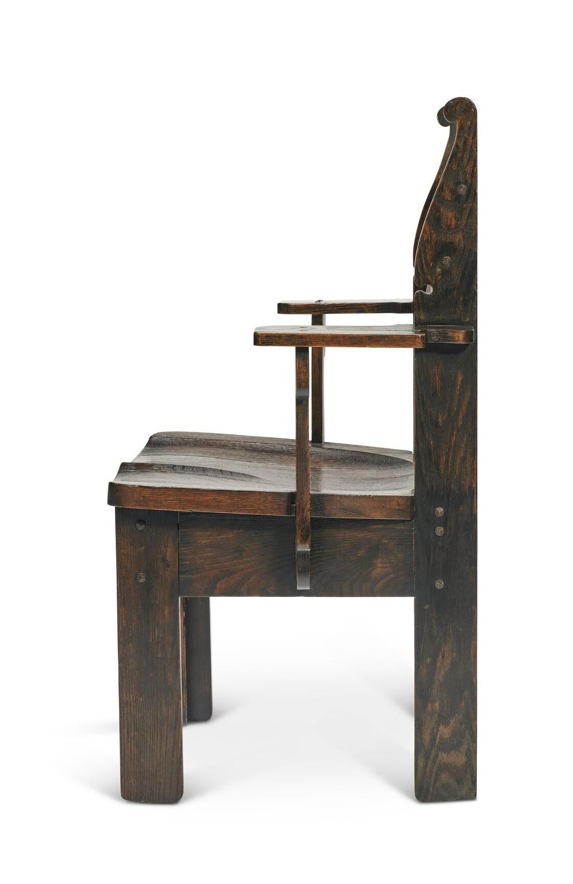 Arts and Crafts Important Pair of Charles Rohlfs Stained Oak Armchairs, Signed and Dated 1904 For Sale