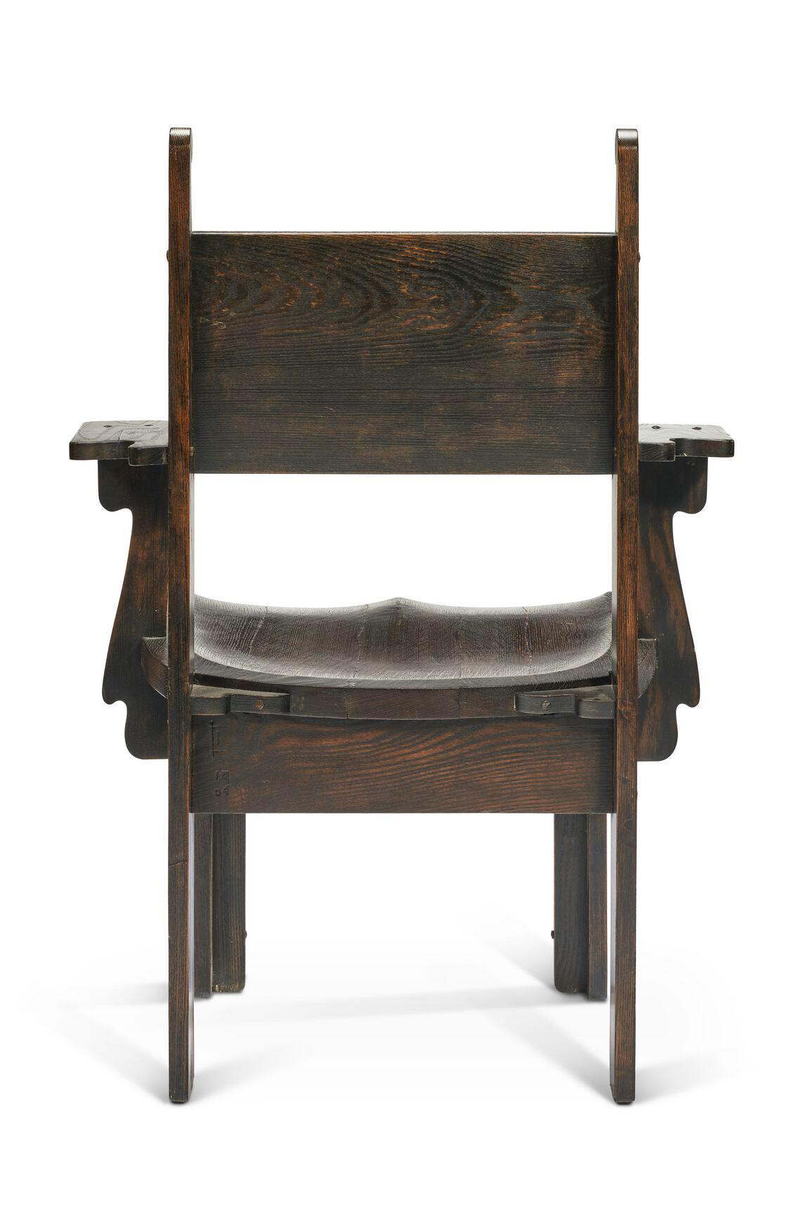 American Important Pair of Charles Rohlfs Stained Oak Armchairs, Signed and Dated 1904 For Sale