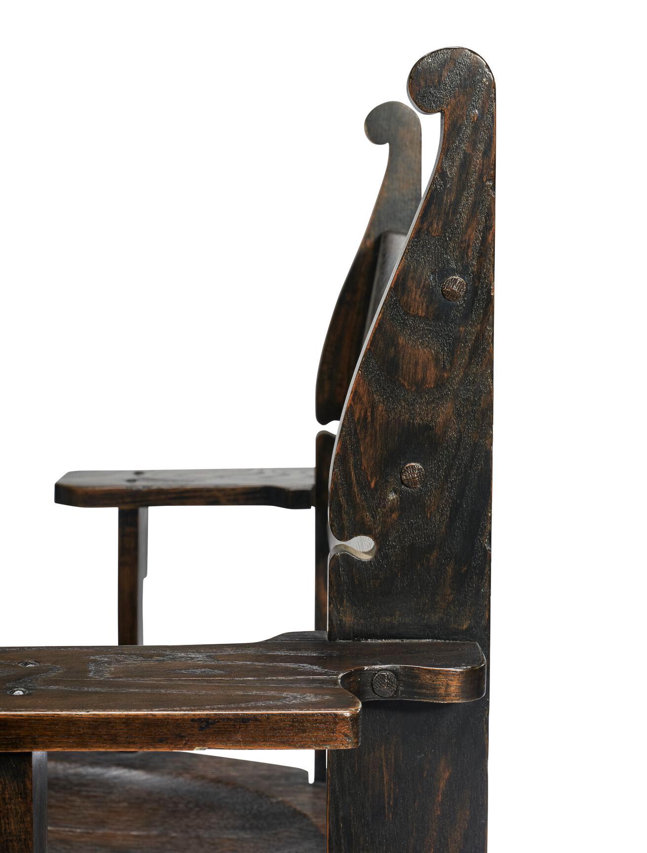 Important Pair of Charles Rohlfs Stained Oak Armchairs, Signed and Dated 1904 In Good Condition For Sale In Los Angeles, CA