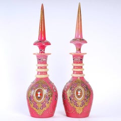 Important Pair of Decanters in Pink Enameled Opaline, Orientalist Art