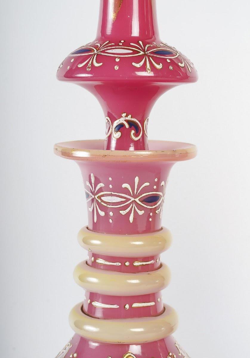 Napoleon III Important Pair of Decanters in Pink Enameled Opaline, Orientalist Art