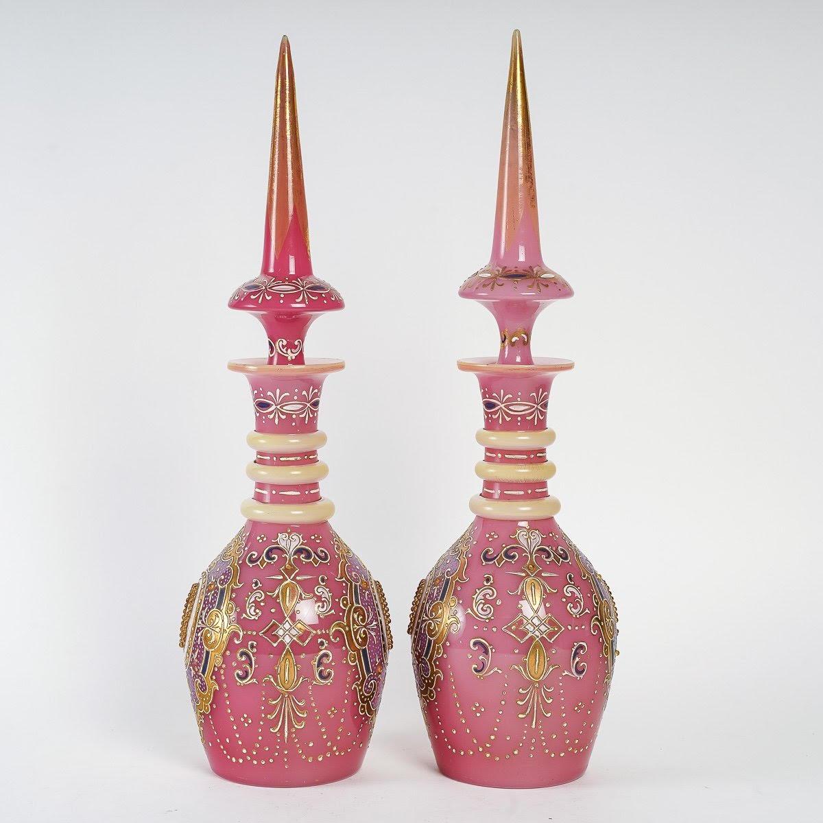 African Important Pair of Decanters in Pink Enameled Opaline, Orientalist Art