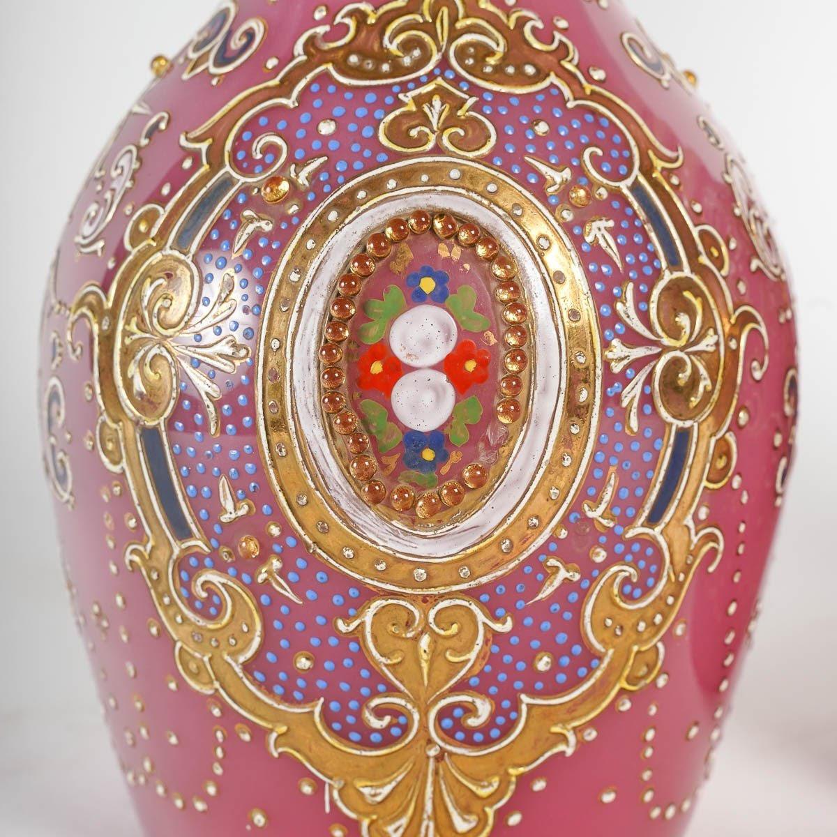 19th Century Important Pair of Decanters in Pink Enameled Opaline, Orientalist Art