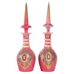 Antique Important Pair of Decanters in Pink Enameled Opaline, Orientalist Art