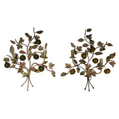 Important Pair of Decorative Painted Metal Pears and Lemons Wall Lights, French