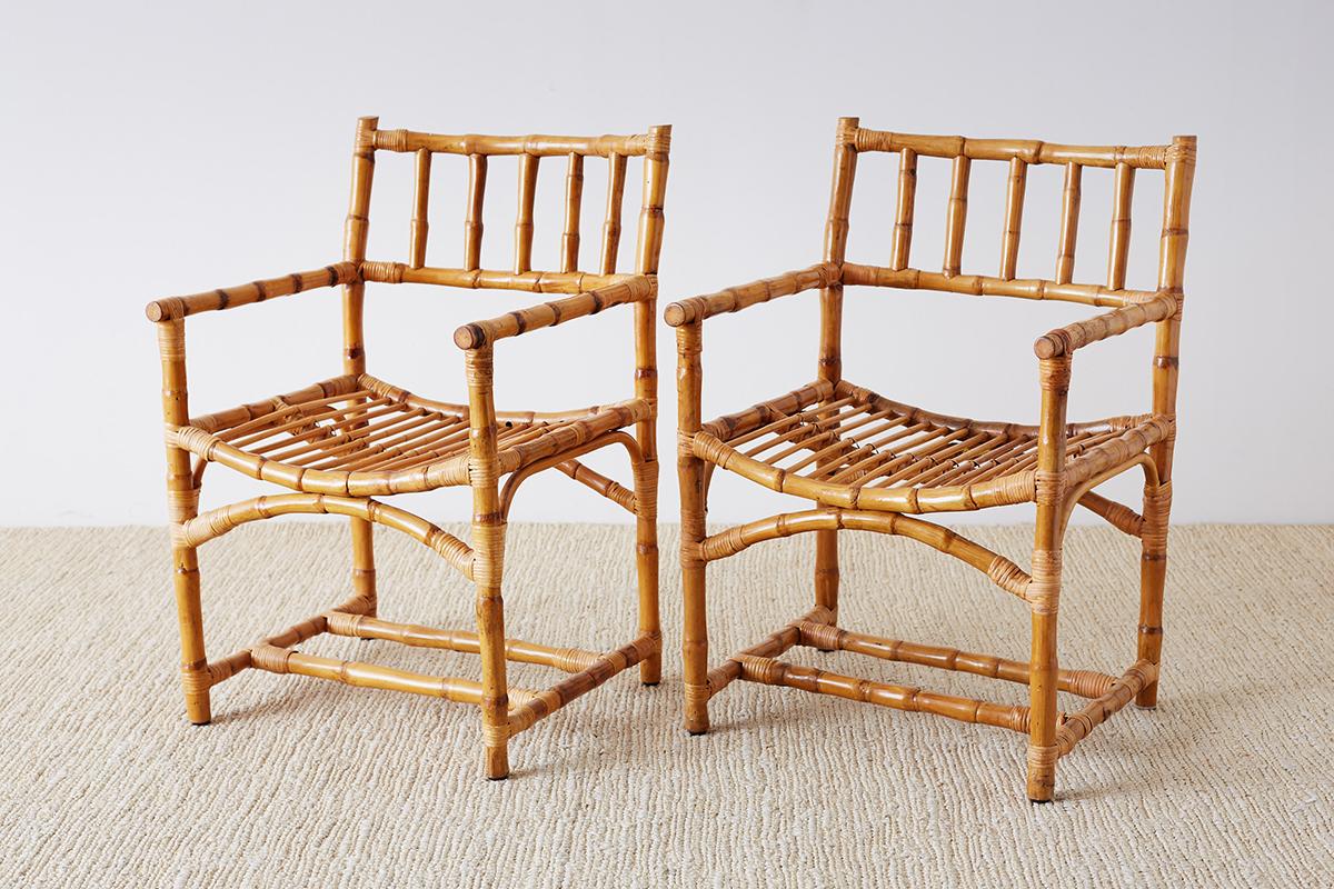 American Important Pair of Early McGuire Bamboo Rattan Armchairs