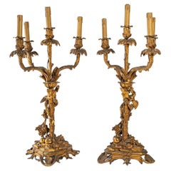 Antique Important Pair of Electrified Candelabras, Gilded and Chiseled Bronze