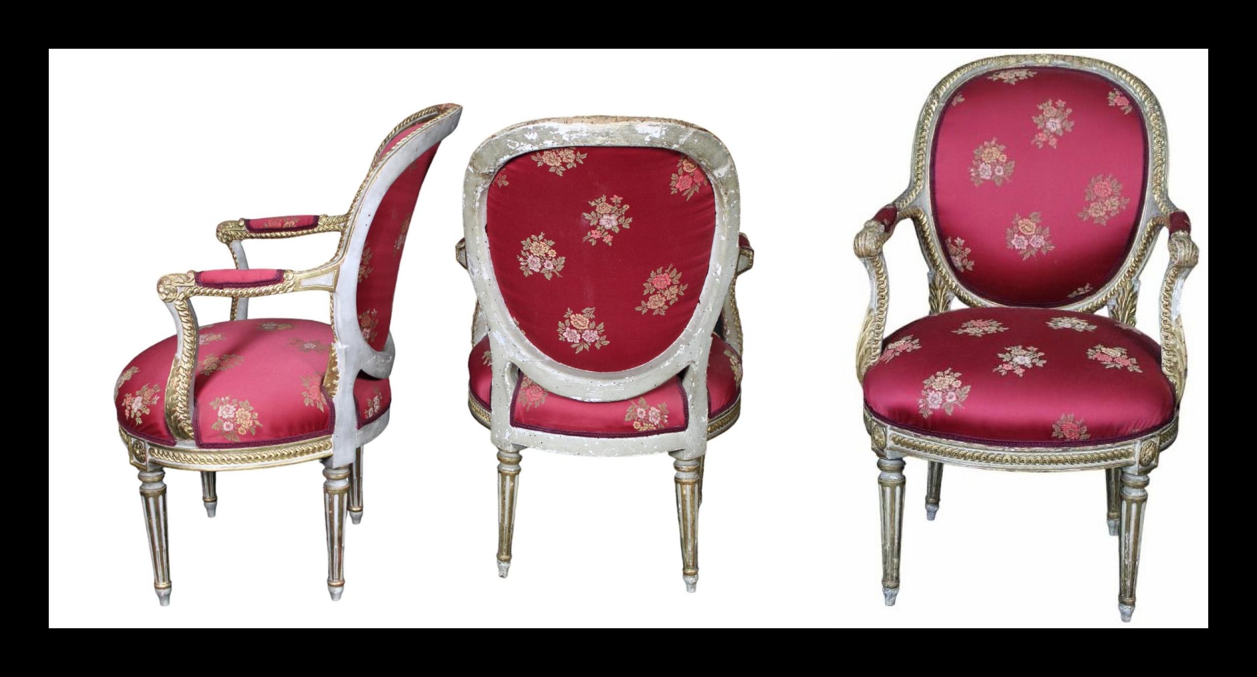 IMPORTANT PAIR OF ELEGANT 18th Century LOUIS XVI ARMCHAIRS
in lacquered wood and gilded with pure gold covered in Roma fabric
h 92 x 57 x 51 cm
original condition