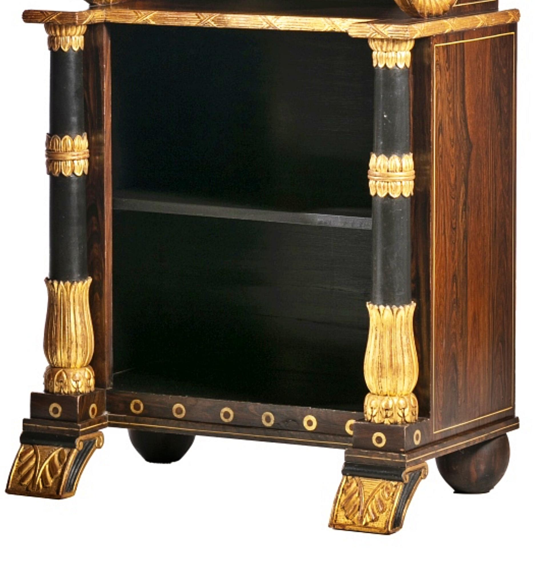 IMPORTANT PAIR OF EMPIRE SHELVES Napoleon III 19th century

French, 19th century 19th century, 
clad in rosewood wood, 
with three shelves, 
gilded carvings. 
Small defects. 
Dim.: 165 x 78 x 59 cm.
very good condition