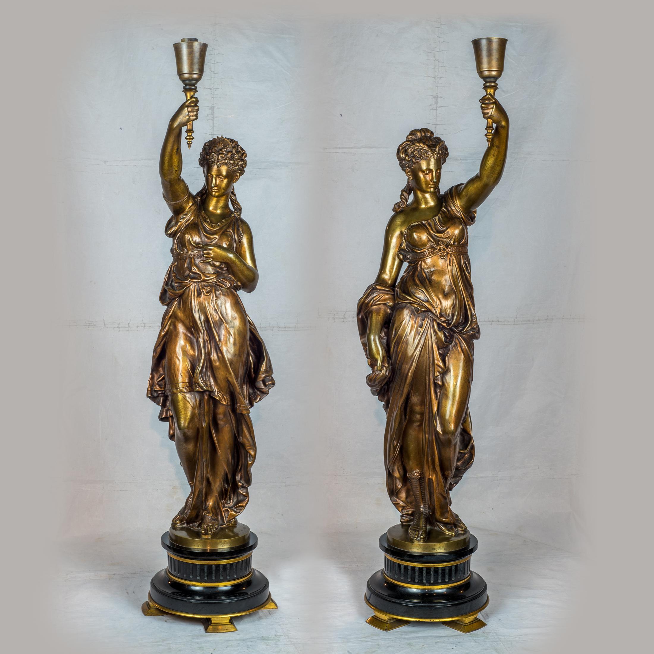 Important Pair of French Patinated Bronze Torchères by Mathurin Moreau In Good Condition For Sale In New York, NY