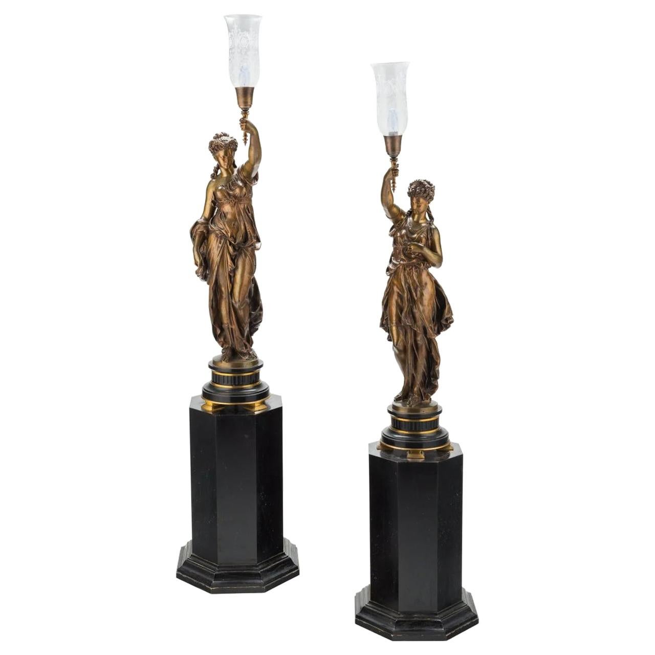 Important Pair of French Patinated Bronze Torchères by Mathurin Moreau
