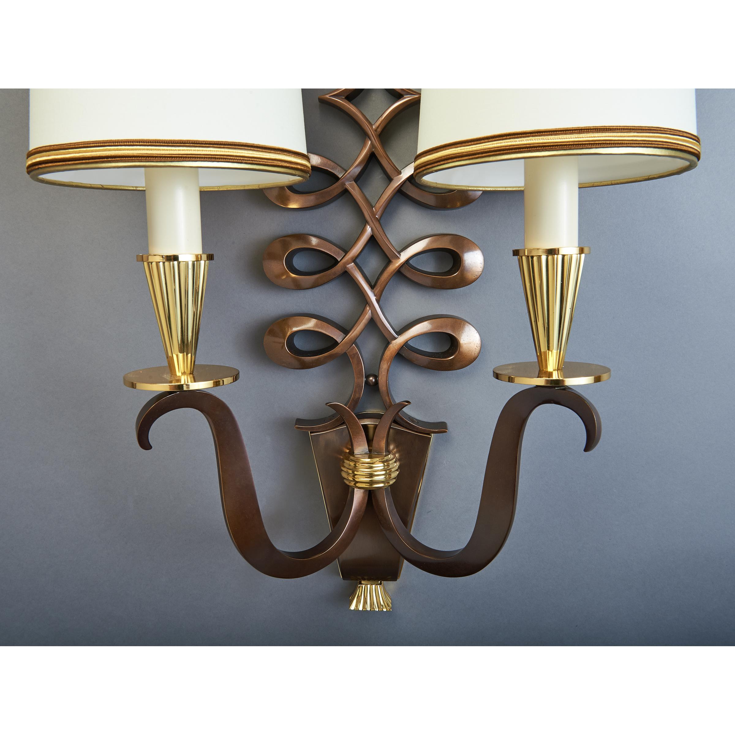 French Important Pair of Genet & Michon Bronze Sconces, France, 1950s For Sale