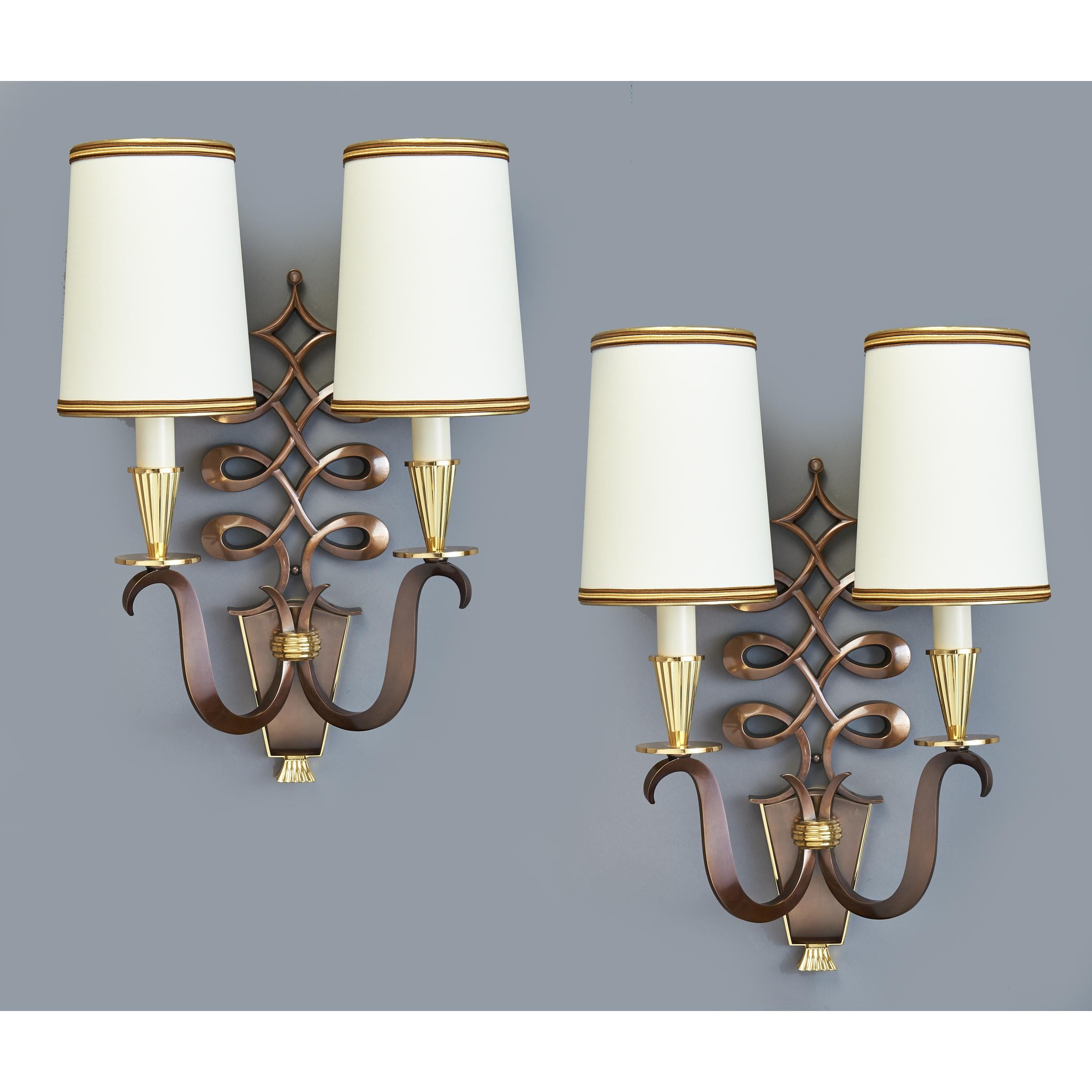 Mid-20th Century Important Pair of Genet & Michon Bronze Sconces, France, 1950s For Sale