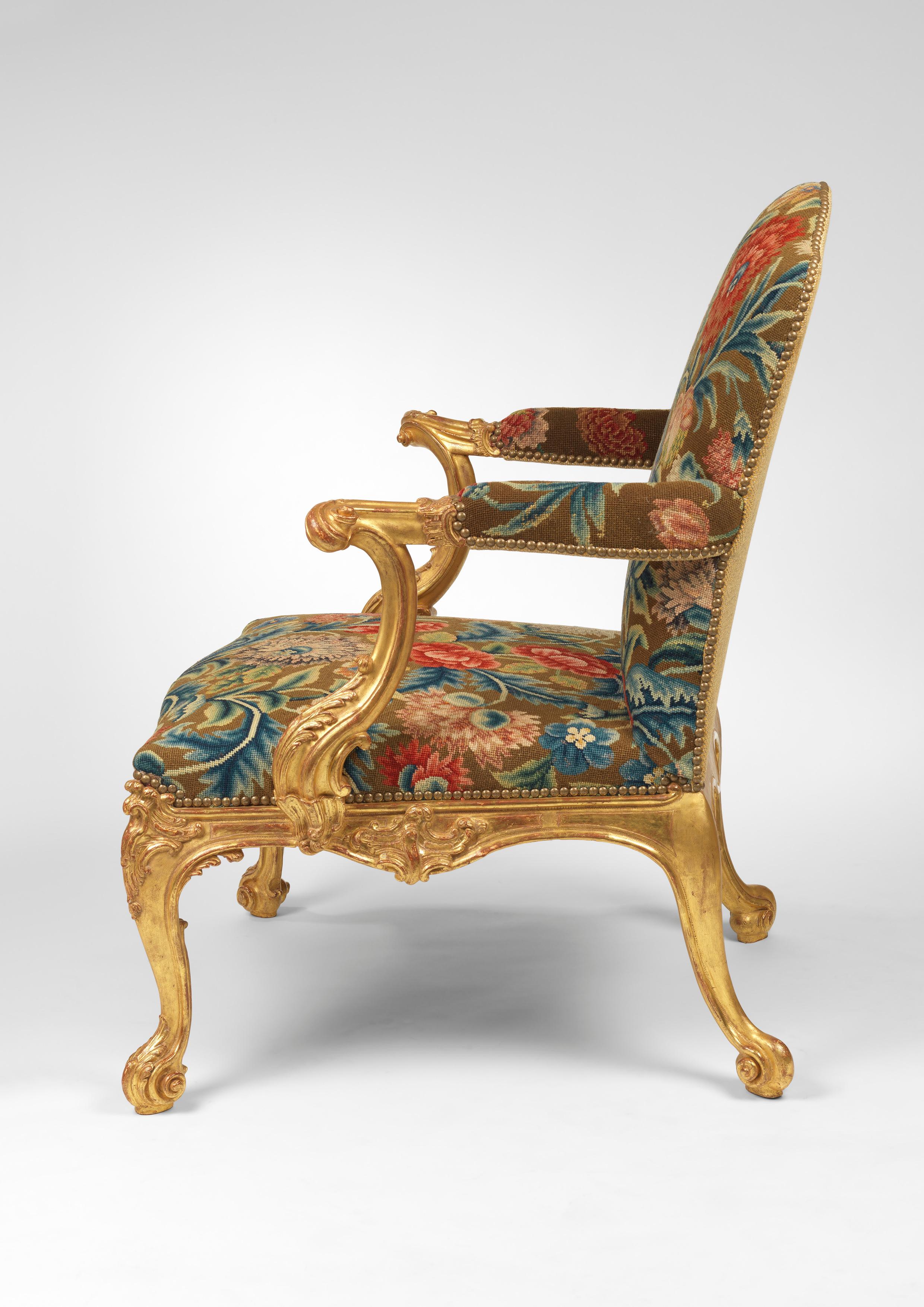 Chippendale Important Pair of George II Giltwood Armchairs, circa 1755 For Sale